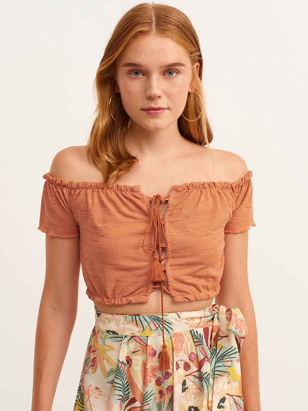 

OXXO Rust Orange Off-Shoulder Bardot Crop Top