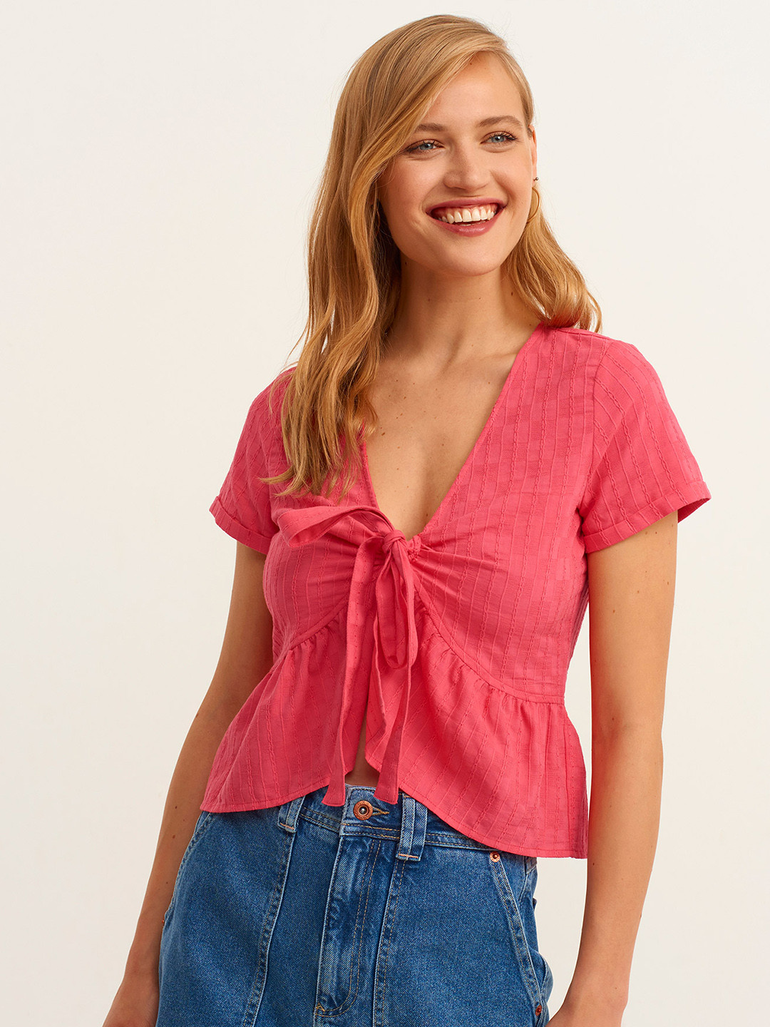 

OXXO Pink V-Neck Tie-Up Detail Top
