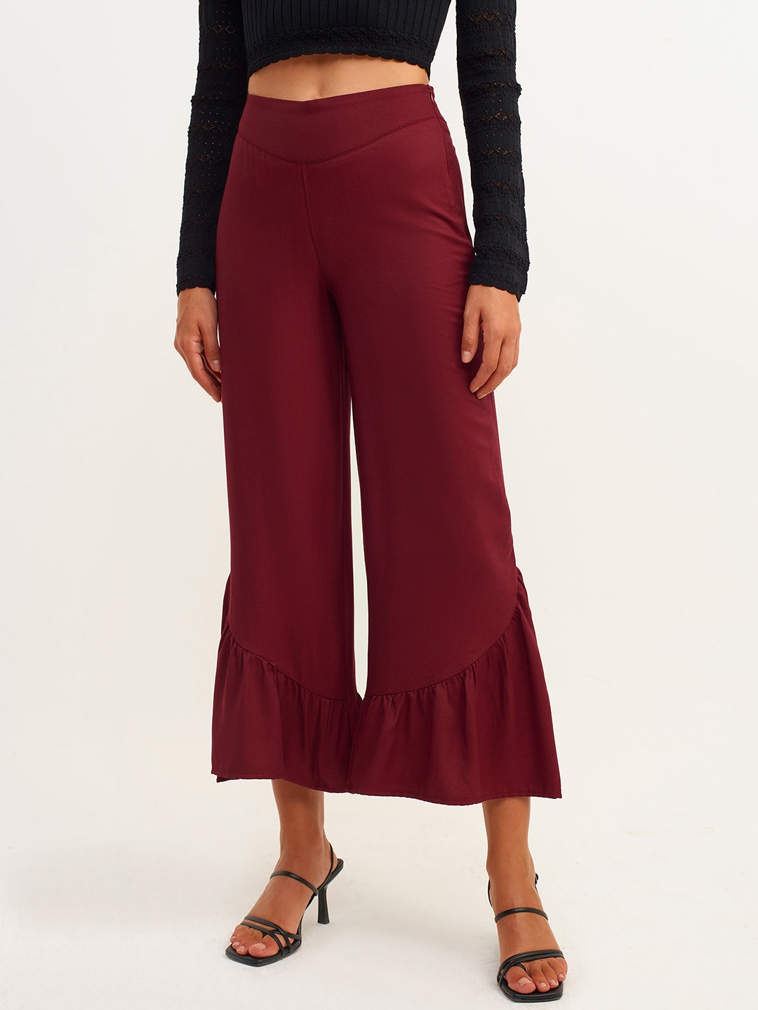 

OXXO Women Maroon Flared High-Rise Trousers