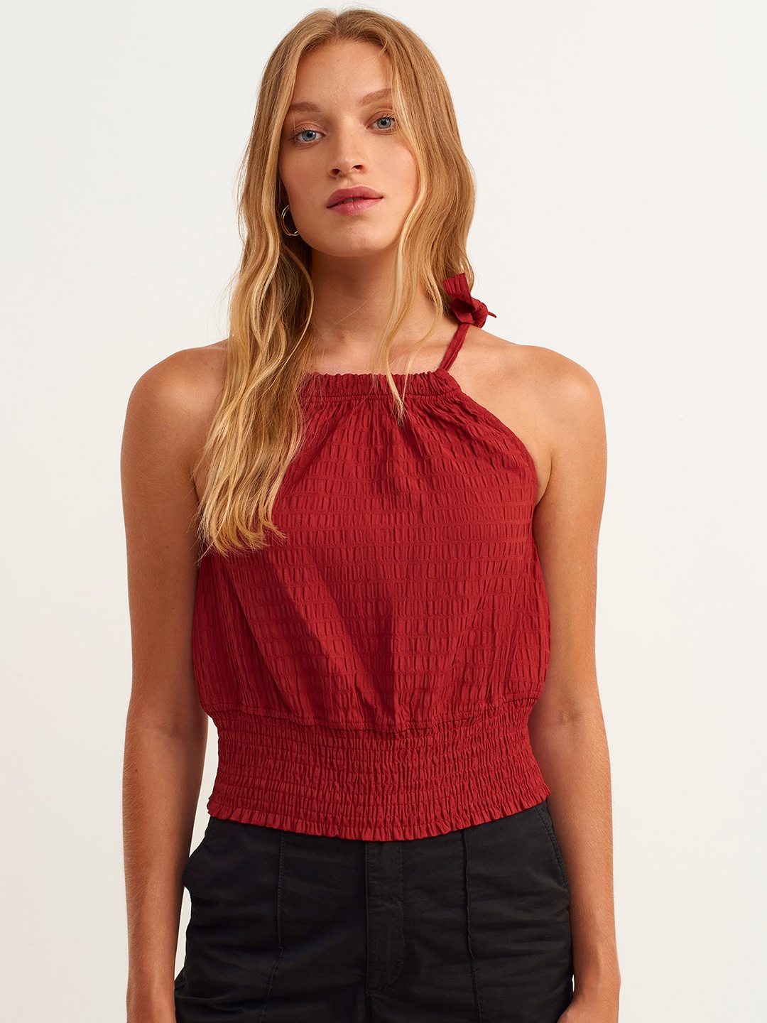 

OXXO Maroon Solid Smocked Cinched Waist Bohemian Top