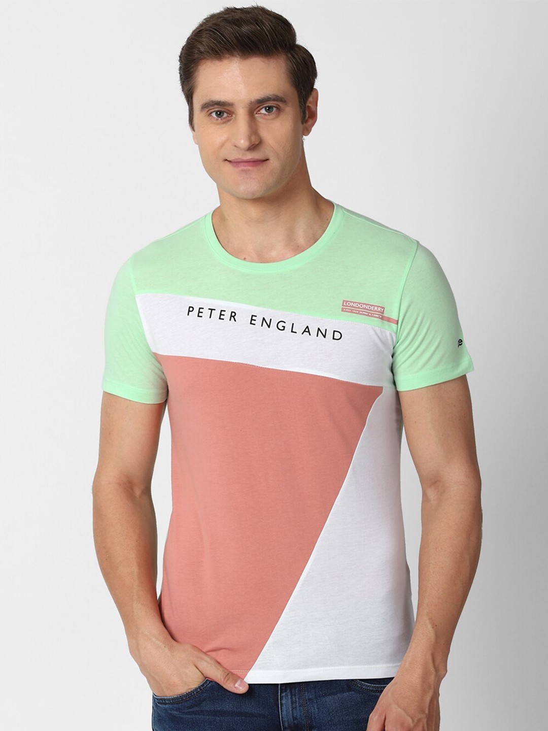 

Peter England Casuals Men Green & Peach Colourblocked Slim Fit Cotton T-shirt