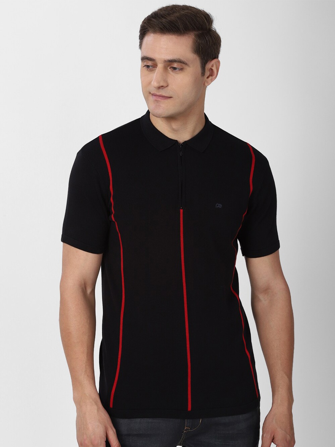 

Peter England Casuals Men Black Striped Polo Collar Slim Fit T-shirt