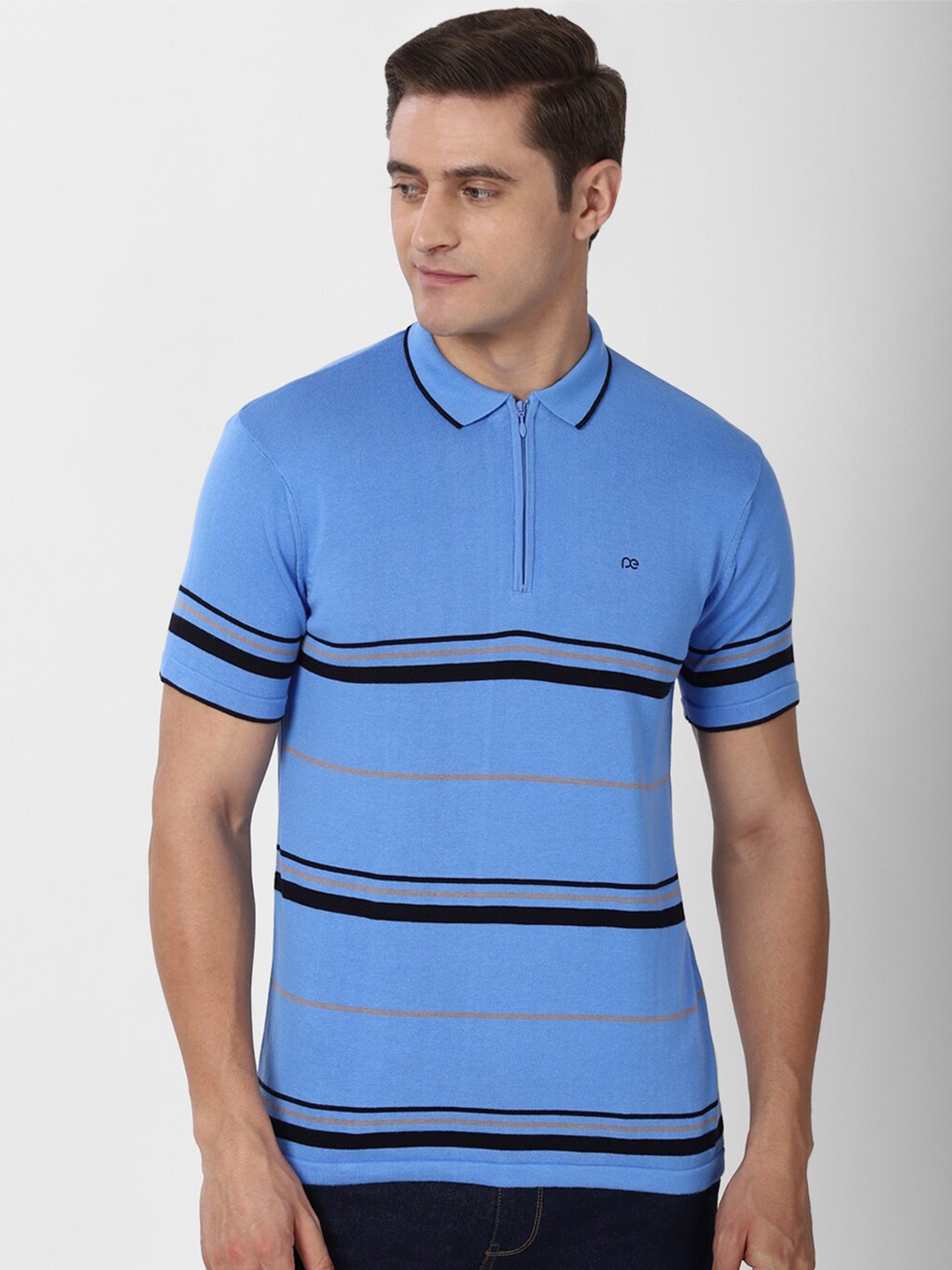 

Peter England Casuals Men Blue Striped Polo Collar Cotton T-shirt