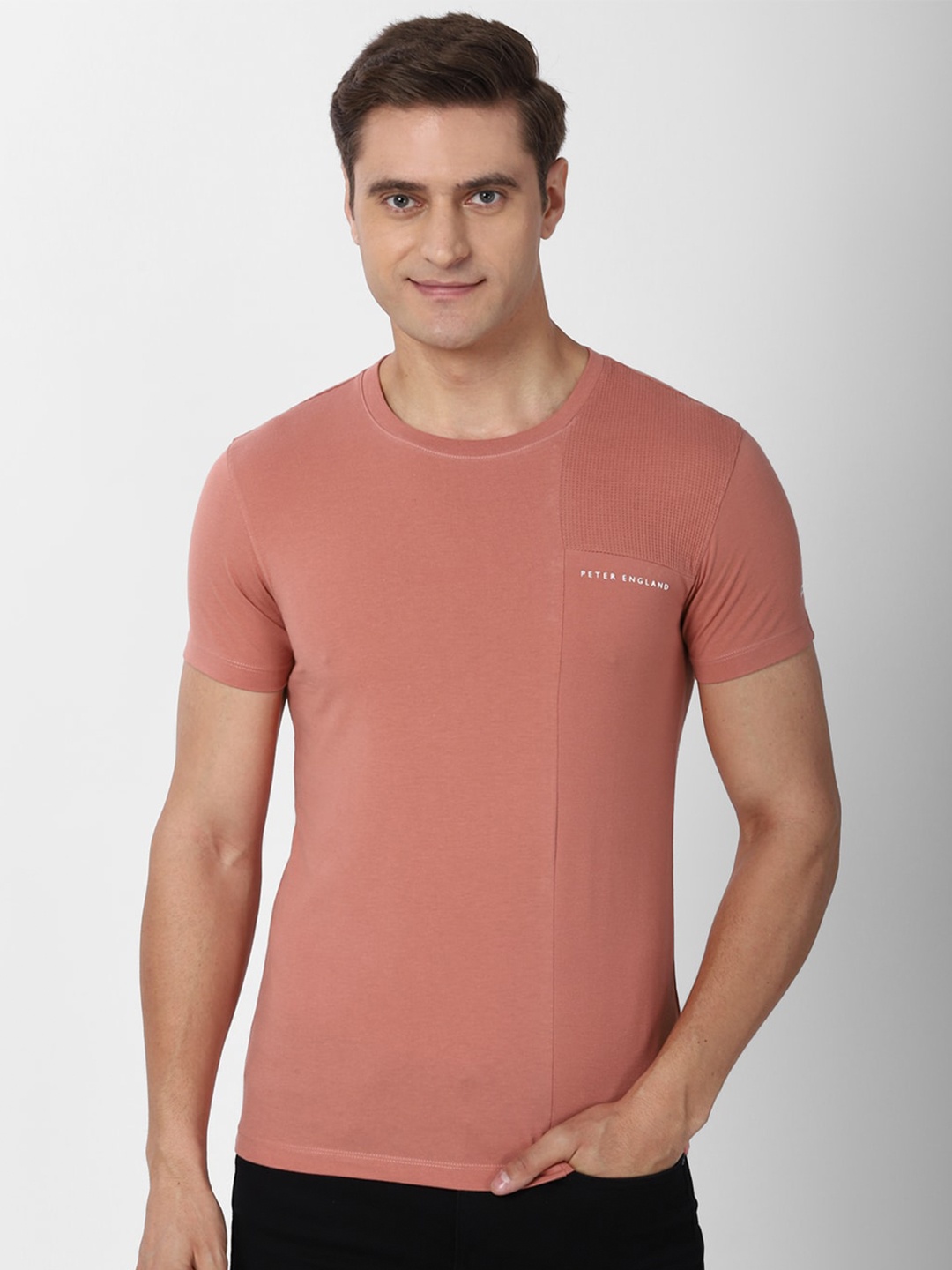 

Peter England Casuals Men Peach-Coloured Slim Fit T-shirt