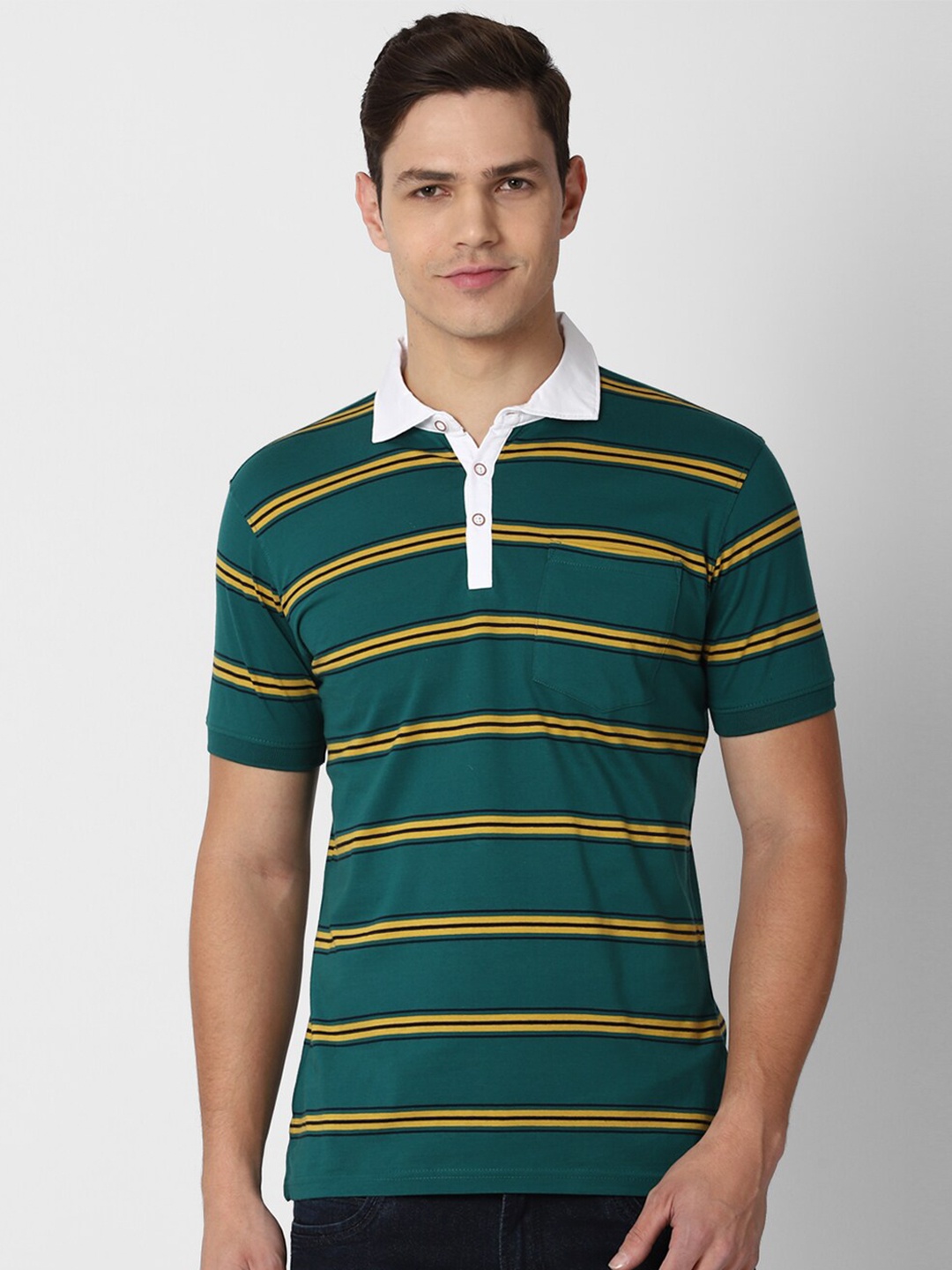 

Peter England Casuals Men Green Striped Polo Collar Pure Cotton Slim Fit T-shirt