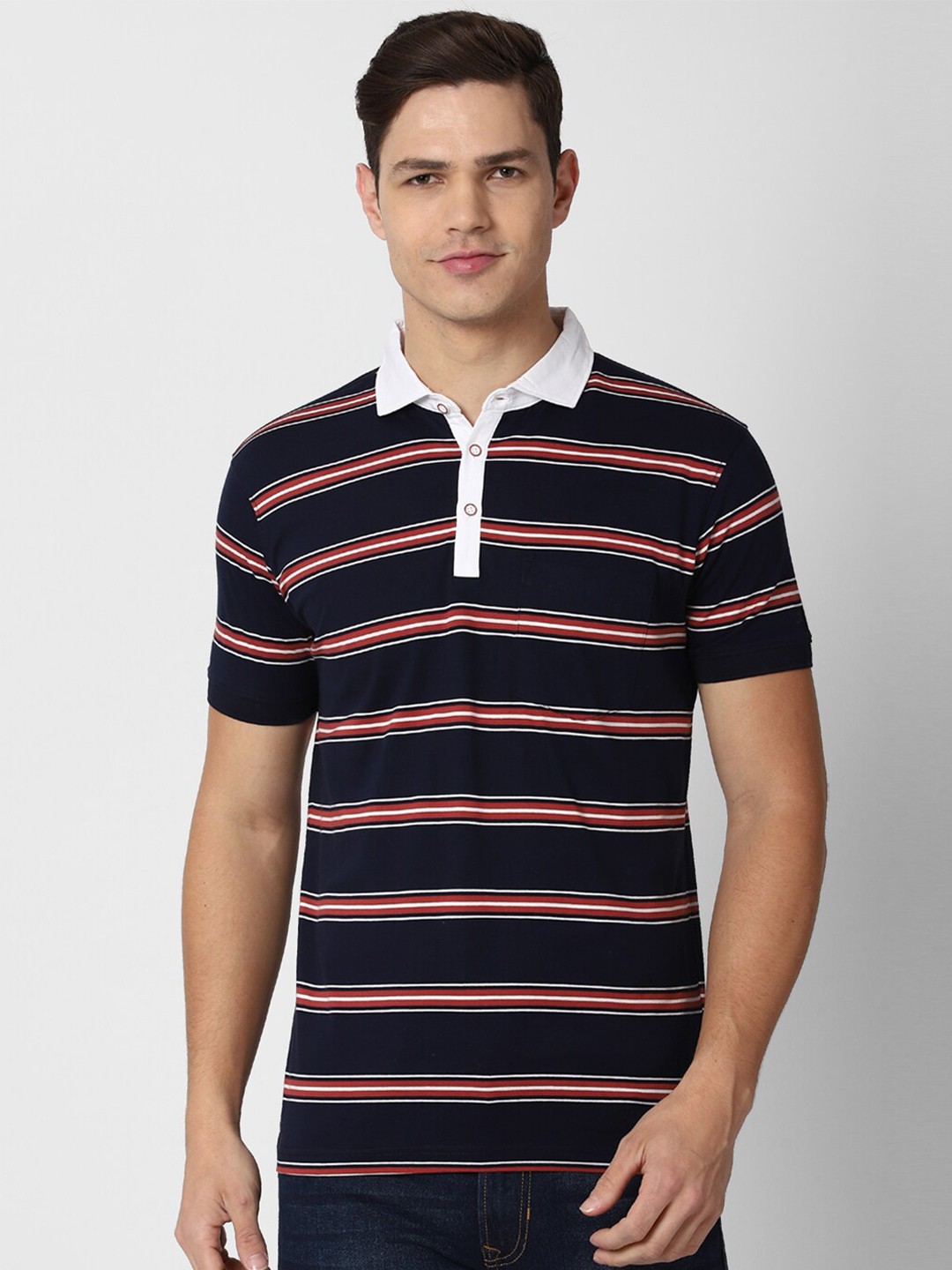 

Peter England Casuals Men Navy Blue Striped Polo Collar Slim Fit T-shirt