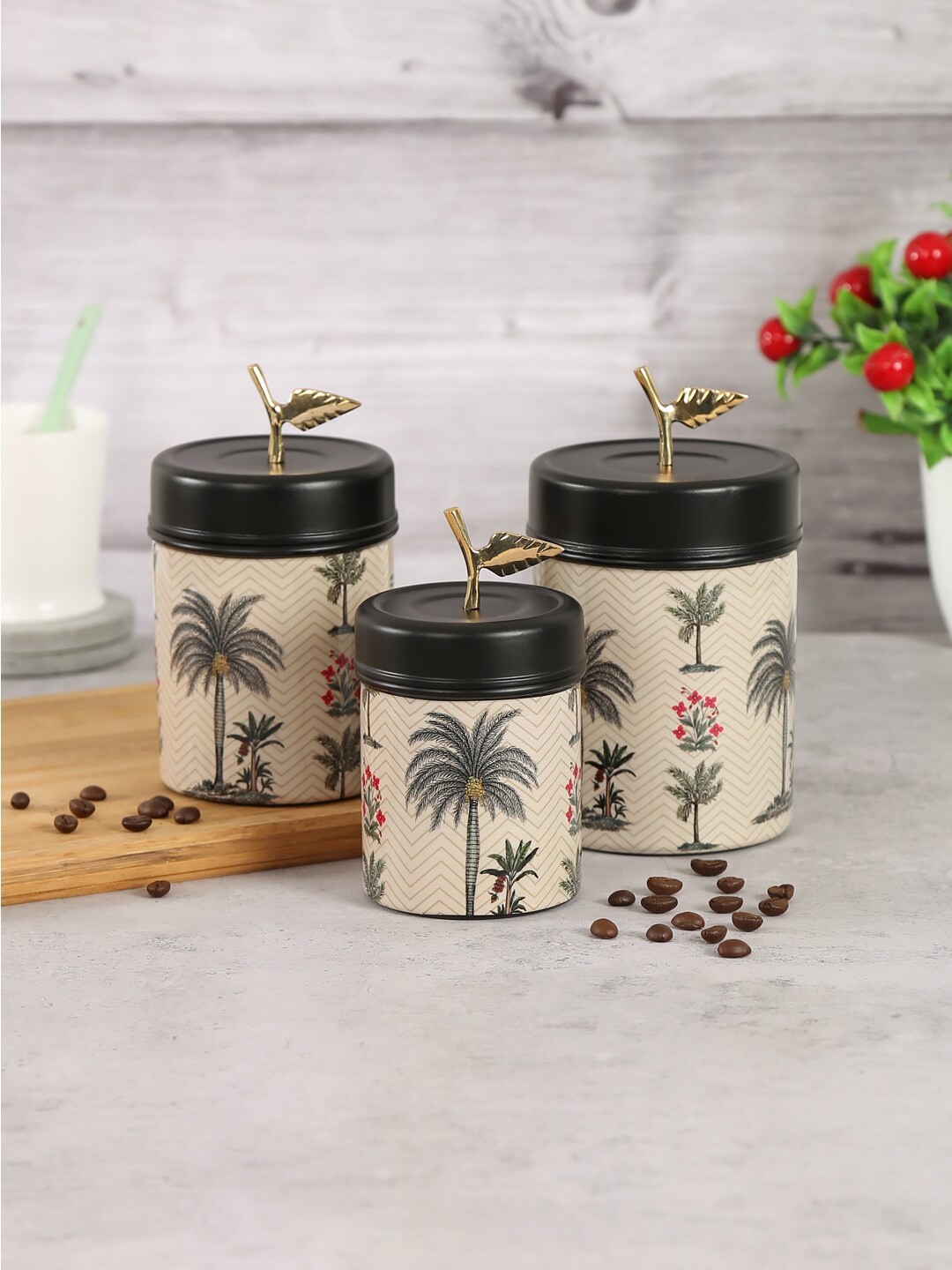 

India Circus by Krsnaa Mehta Set Of 3 Chevron Palms Steel Containers, Beige