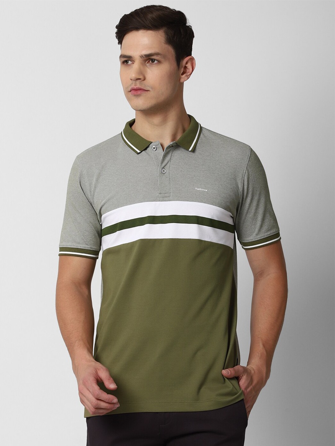 

Van Heusen Men Olive Green & Grey Colourblocked Polo Collar Pure Cotton T-shirt
