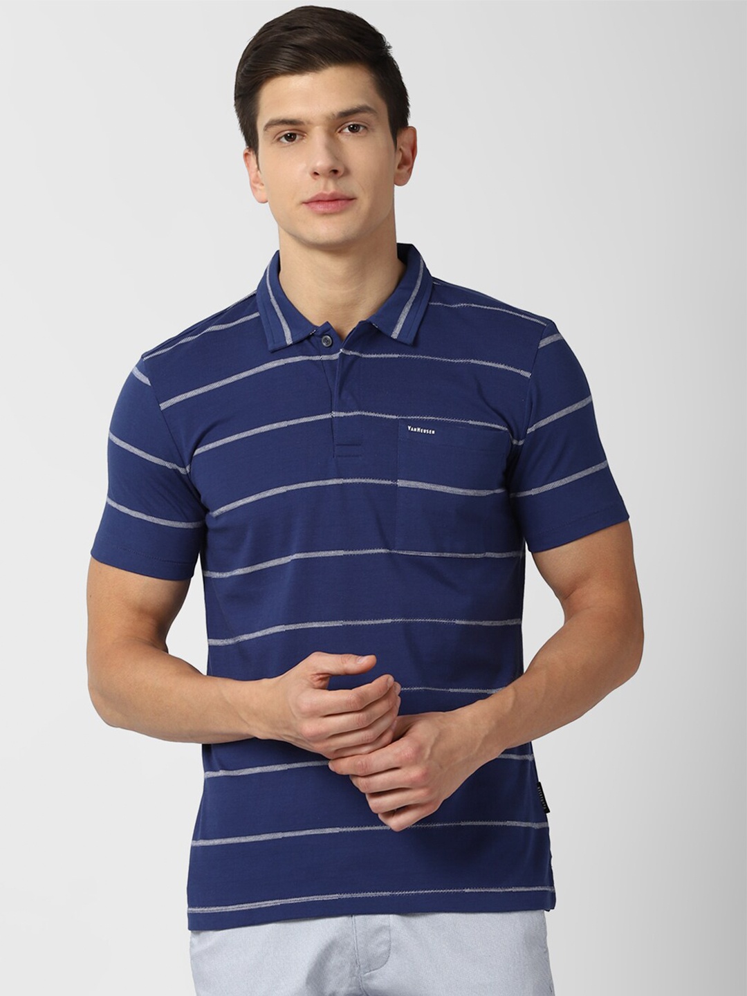 

Van Heusen Men Navy Blue Striped Pure Cotton Polo Collar T-shirt