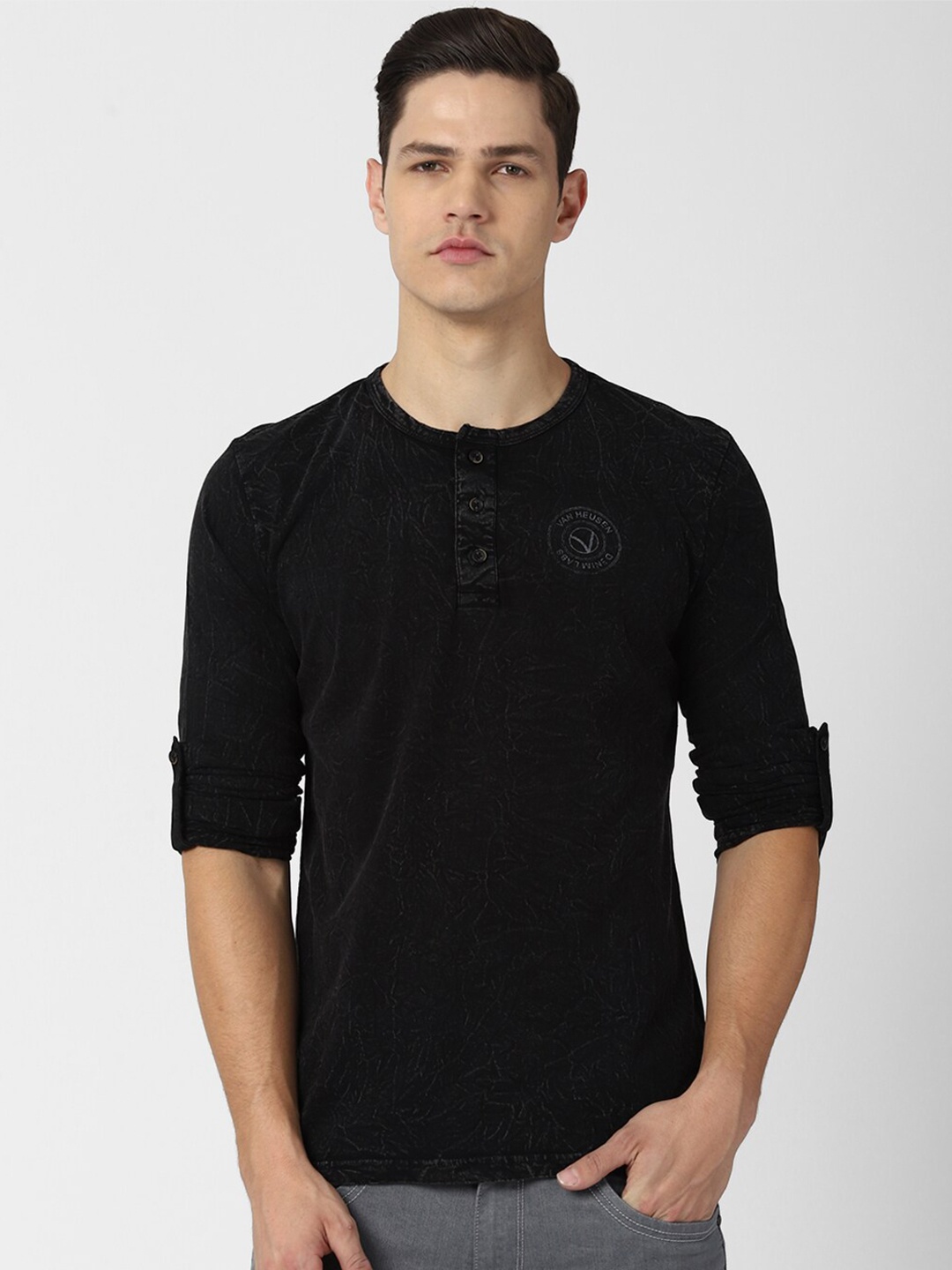 

VAN HEUSEN DENIM LABS Men Black Henley Neck Pure Cotton T-shirt