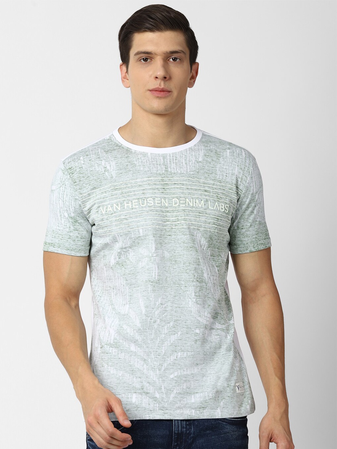 

VAN HEUSEN DENIM LABS Men Grey & White Printed Cotton T-shirt