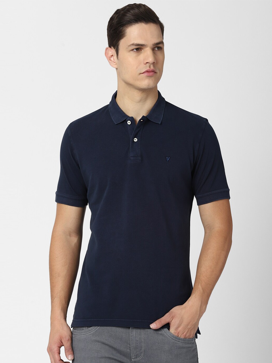 

VAN HEUSEN DENIM LABS Men Navy Blue Polo Collar T-shirt 100% Cotton