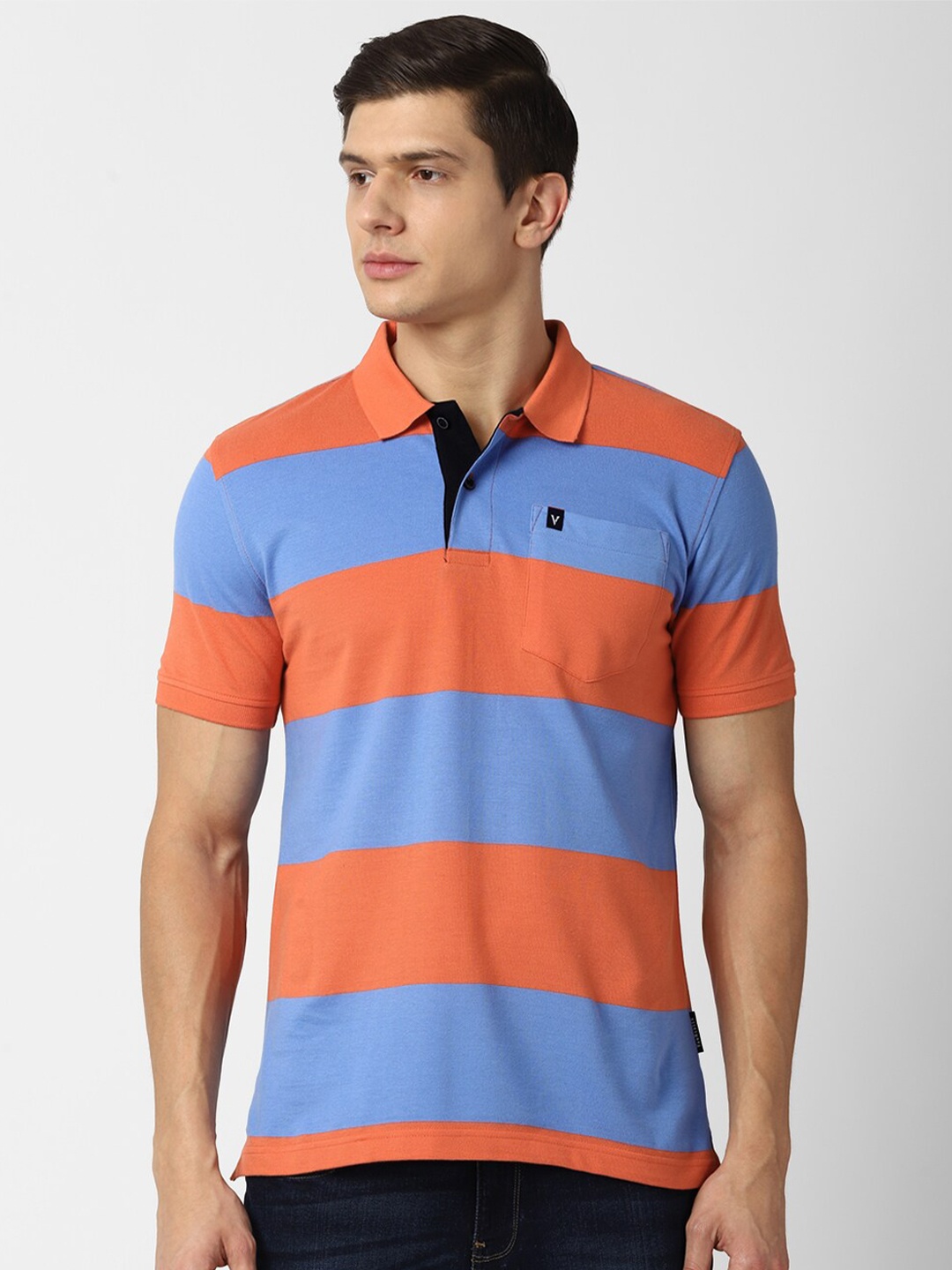 

Van Heusen Sport Men Orange & Blue Striped Polo Collar 100% CottonT-shirt