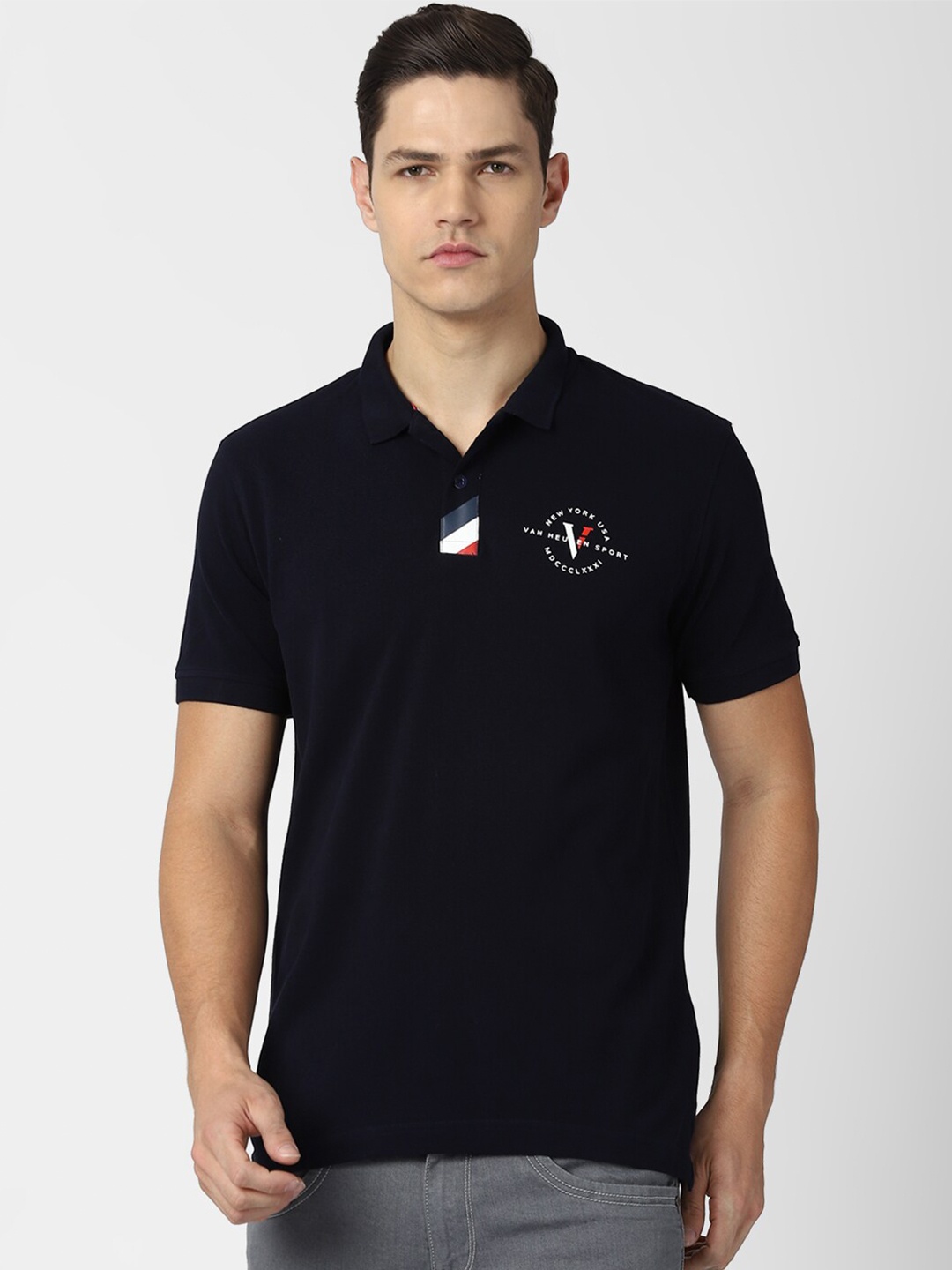 

Van Heusen Sport Men Navy Blue Solid Polo Collar Cotton T-shirt