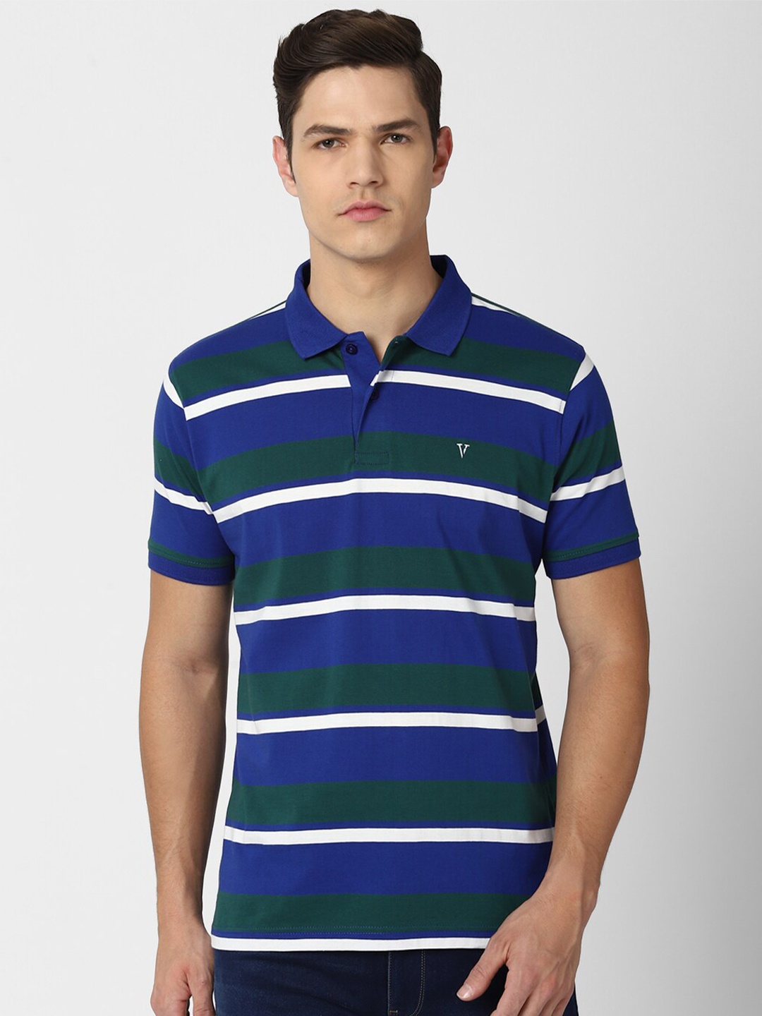 

Van Heusen Sport Men Blue Striped Polo Collar Cotton T-shirt