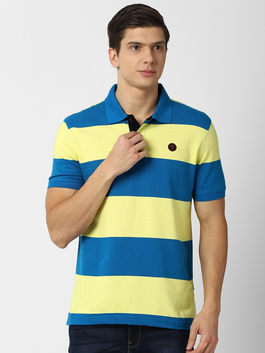 

Van Heusen Sport Men Yellow & Blue Striped Polo Collar Pure Cotton T-shirt