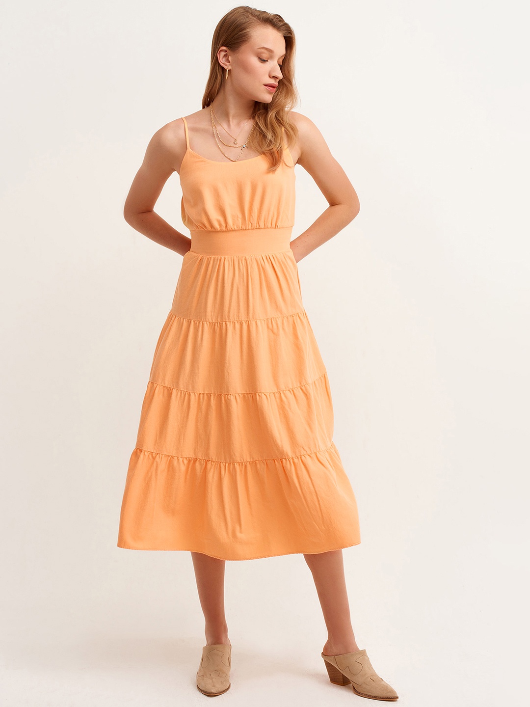 

OXXO X City Collection Peach-Coloured Solid A-Line Tiered Midi Dress