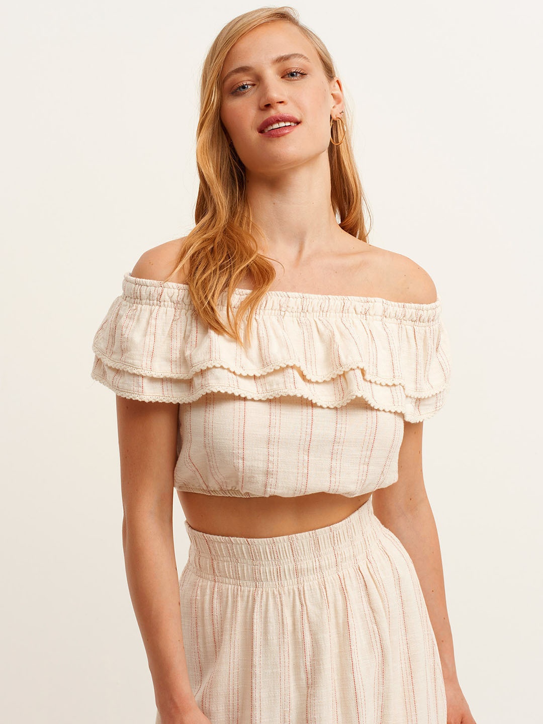 

OXXO Women Off White Self Striped Off-Shoulder Layered Blouson Crop Top