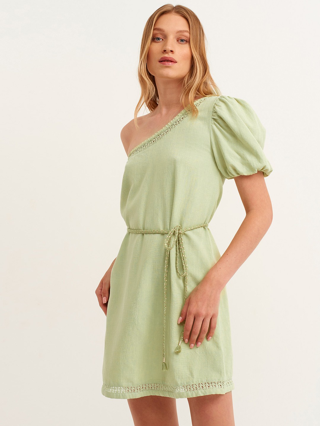 

OXXO Green One Shoulder A-Line Dress with Crochet Detail