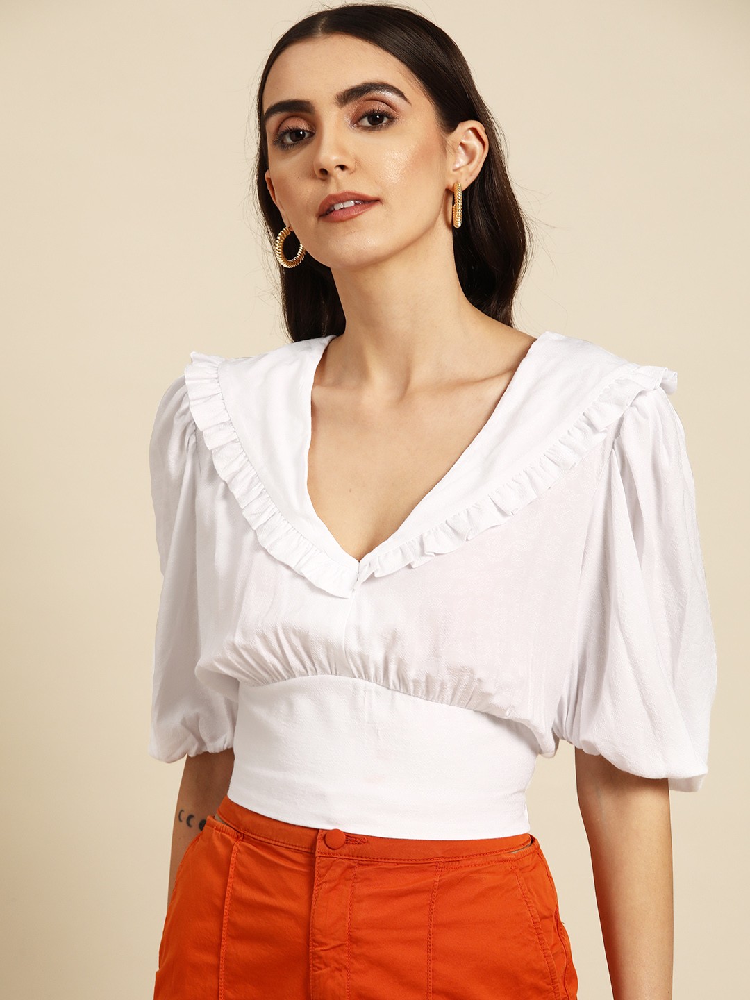 

OXXO Women White Self Design Ruffles Puff Sleeves Cinched Waist Crop Top