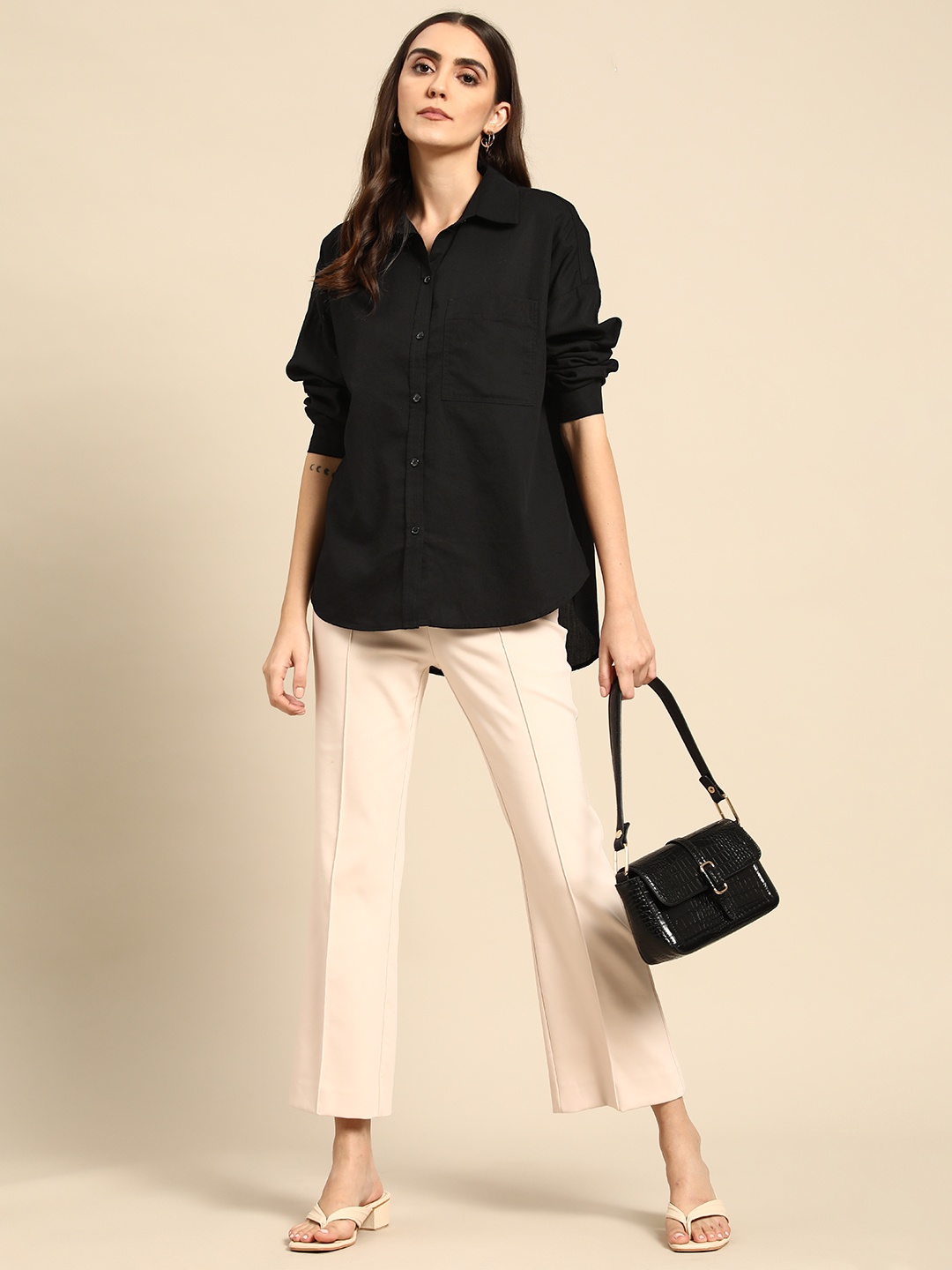 

OXXO Women Black Solid Regular Fit Pure Cotton Shirt