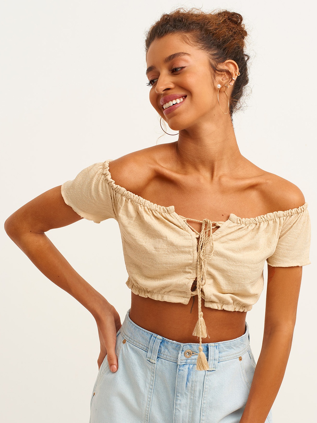 

OXXO Beige Off-Shoulder Knitted Crop Top
