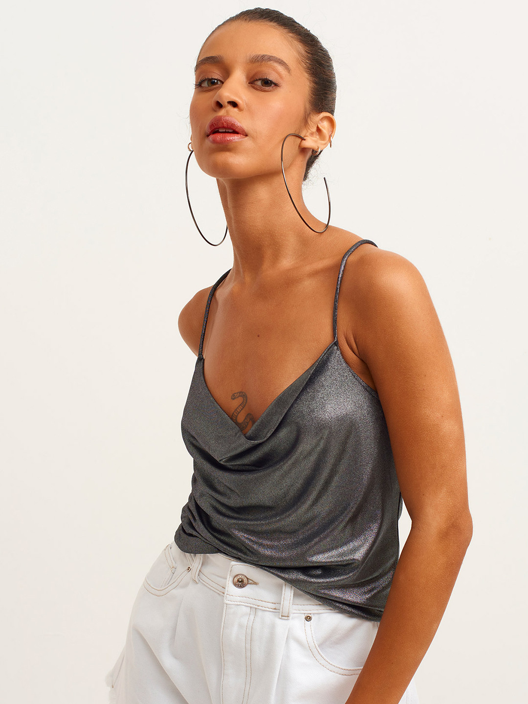 

OXXO Women Charcoal Grey & Silver Cowl Neck Top