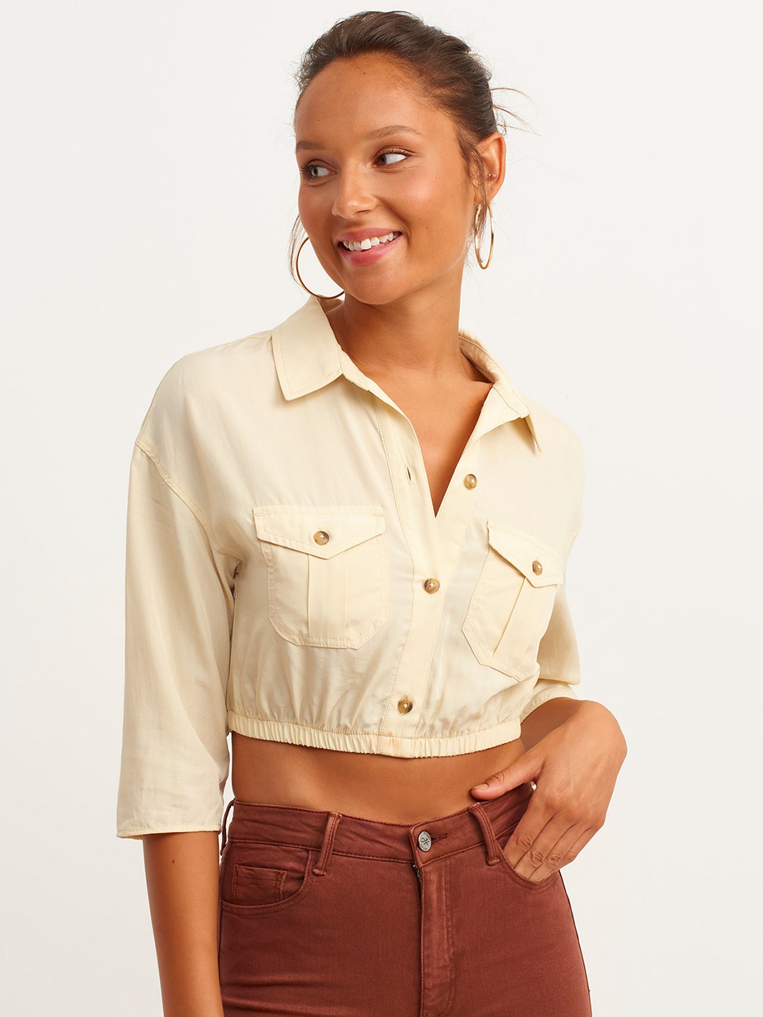 

OXXO Women Beige Solid Shirt Style Cropped Top