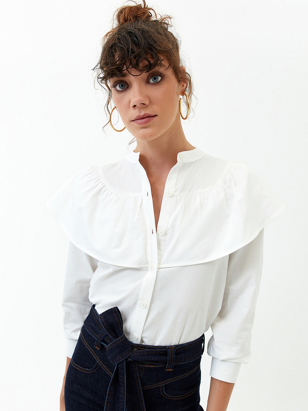 

OXXO Women White Mandarin Collar Layered Shirt Style Pure Cotton Top
