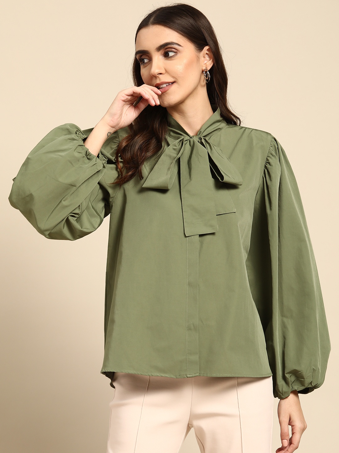 

OXXO Olive Green Solid Tie-Up Neck Bohemian Shirt Style Top