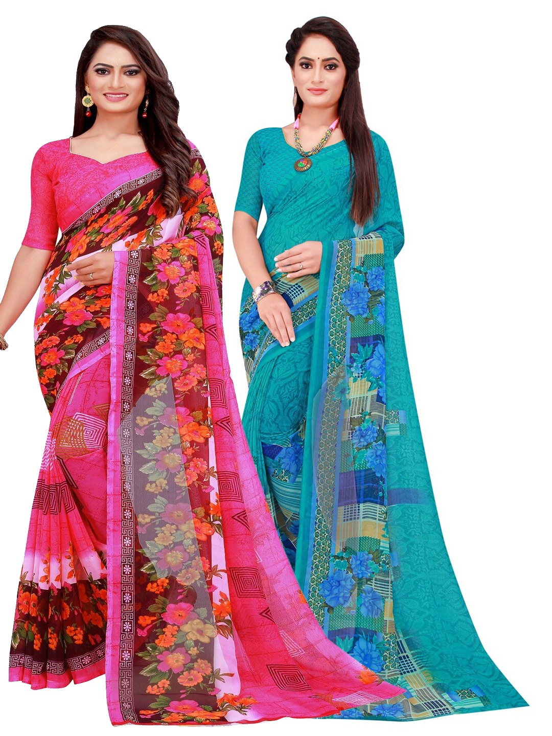 

Florence Teal & Pink Printed Pure Georgette Saree Pack Of 2