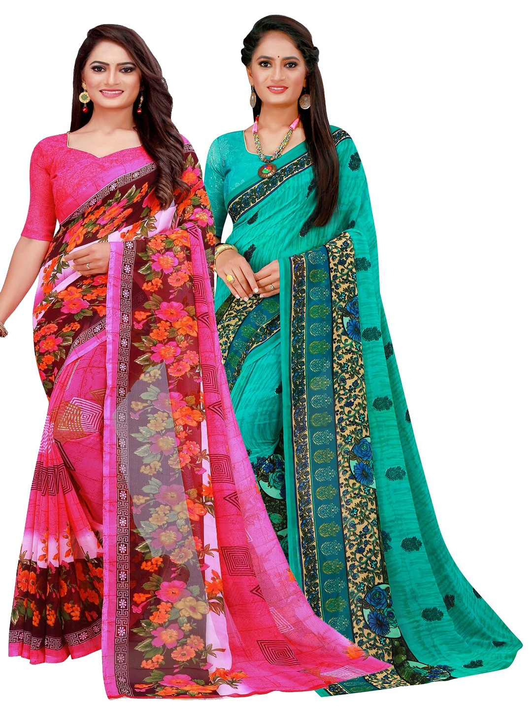 

Florence Pack of 2 Pink & Green Floral Pure Georgette Saree
