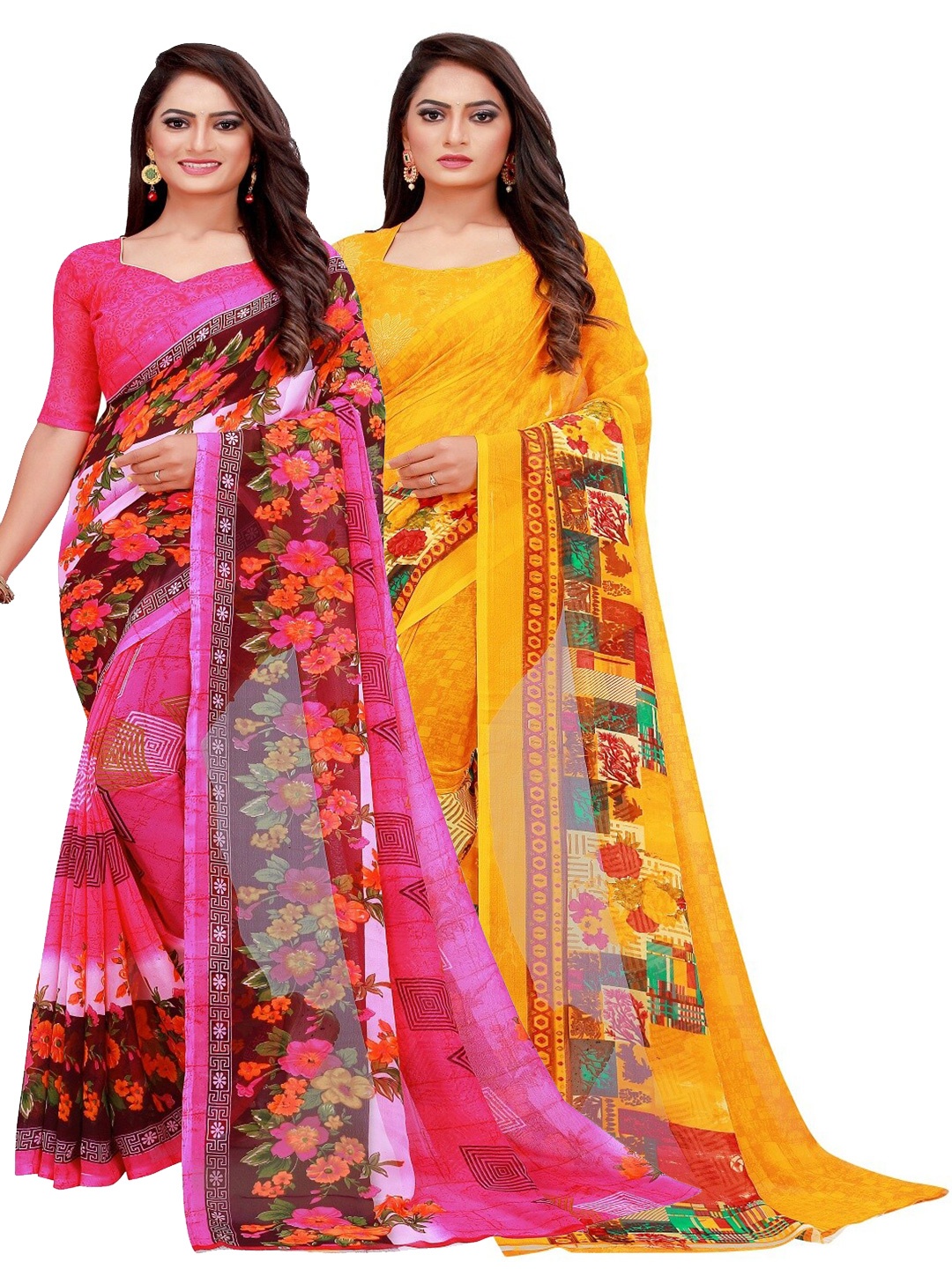 

Florence Pack of 2 Pink & Yellow Floral Pure Georgette Sarees