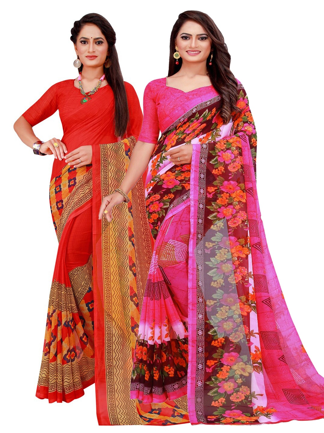 

Florence Red & Pink Set Of 2 Floral Pure Georgette Saree