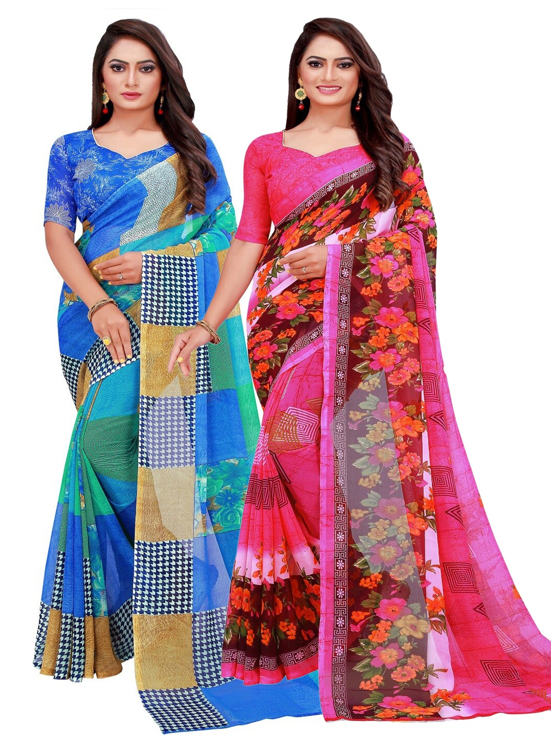 

Florence Blue & Pink Set Of 2 Floral Pure Georgette Saree