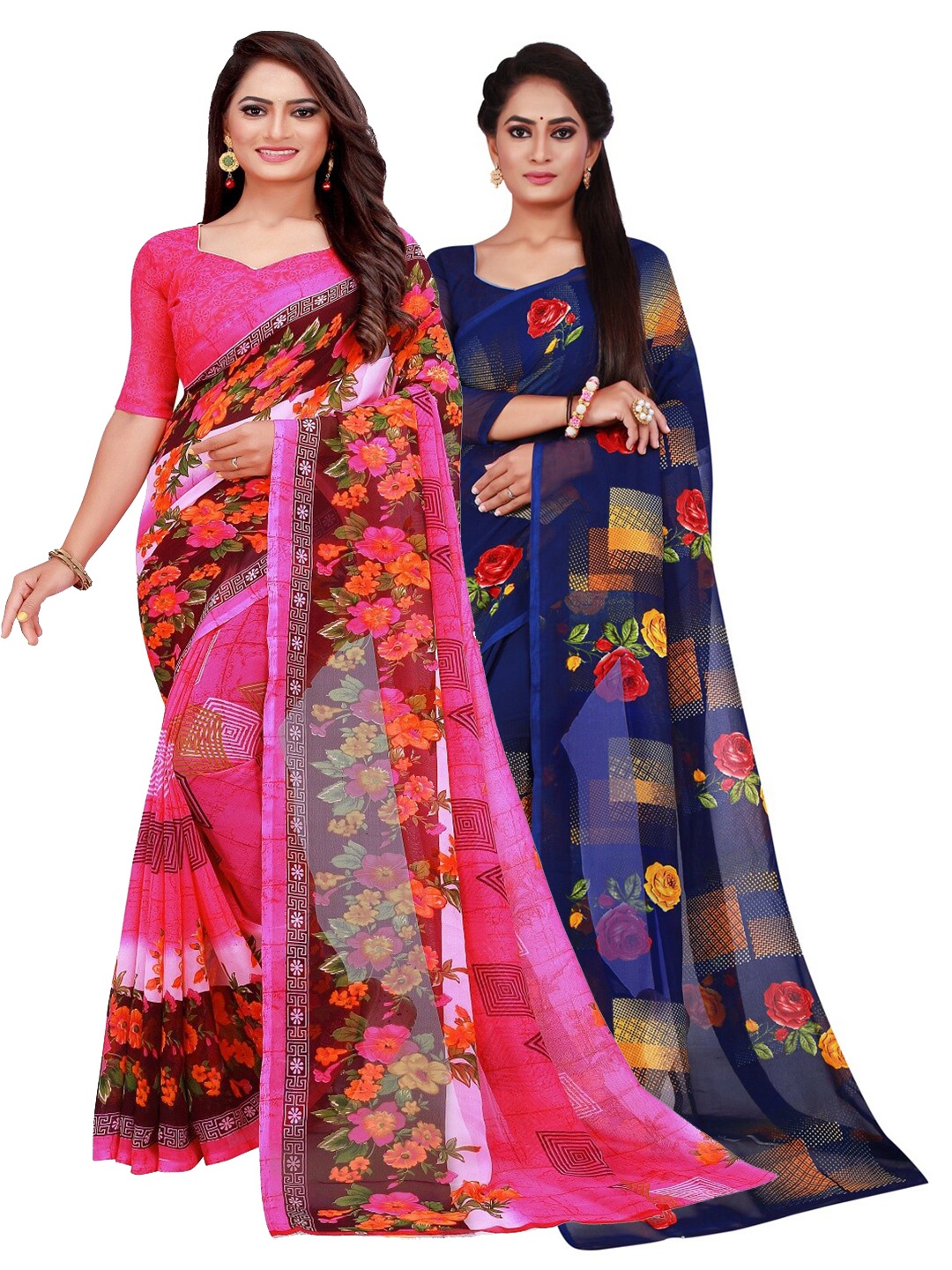 

Florence Pack of 2 Pink & Navy Blue Floral Pure Georgette Saree