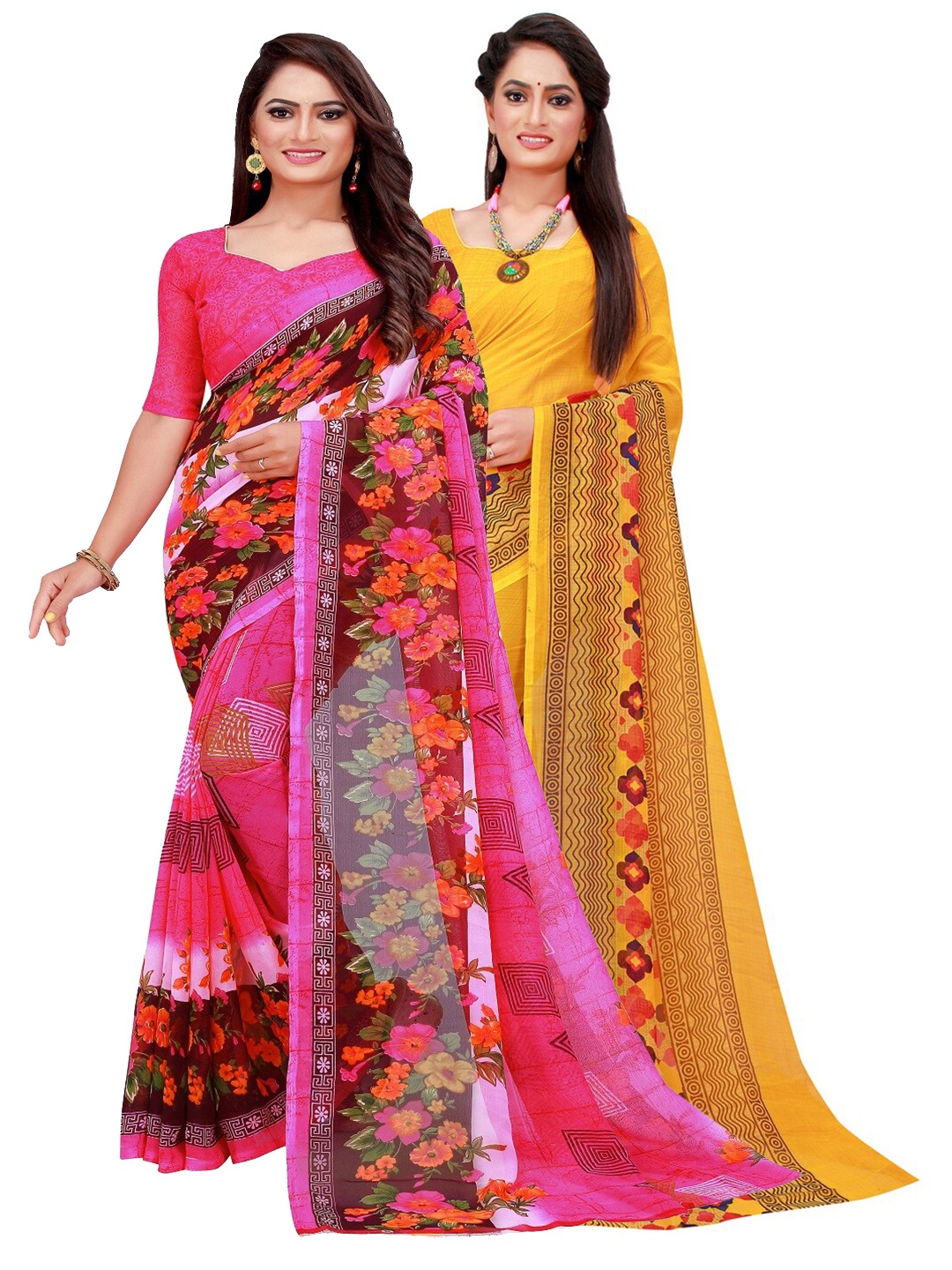 

Florence Pack of 2 Pink & Yellow Floral Pure Georgette Saree