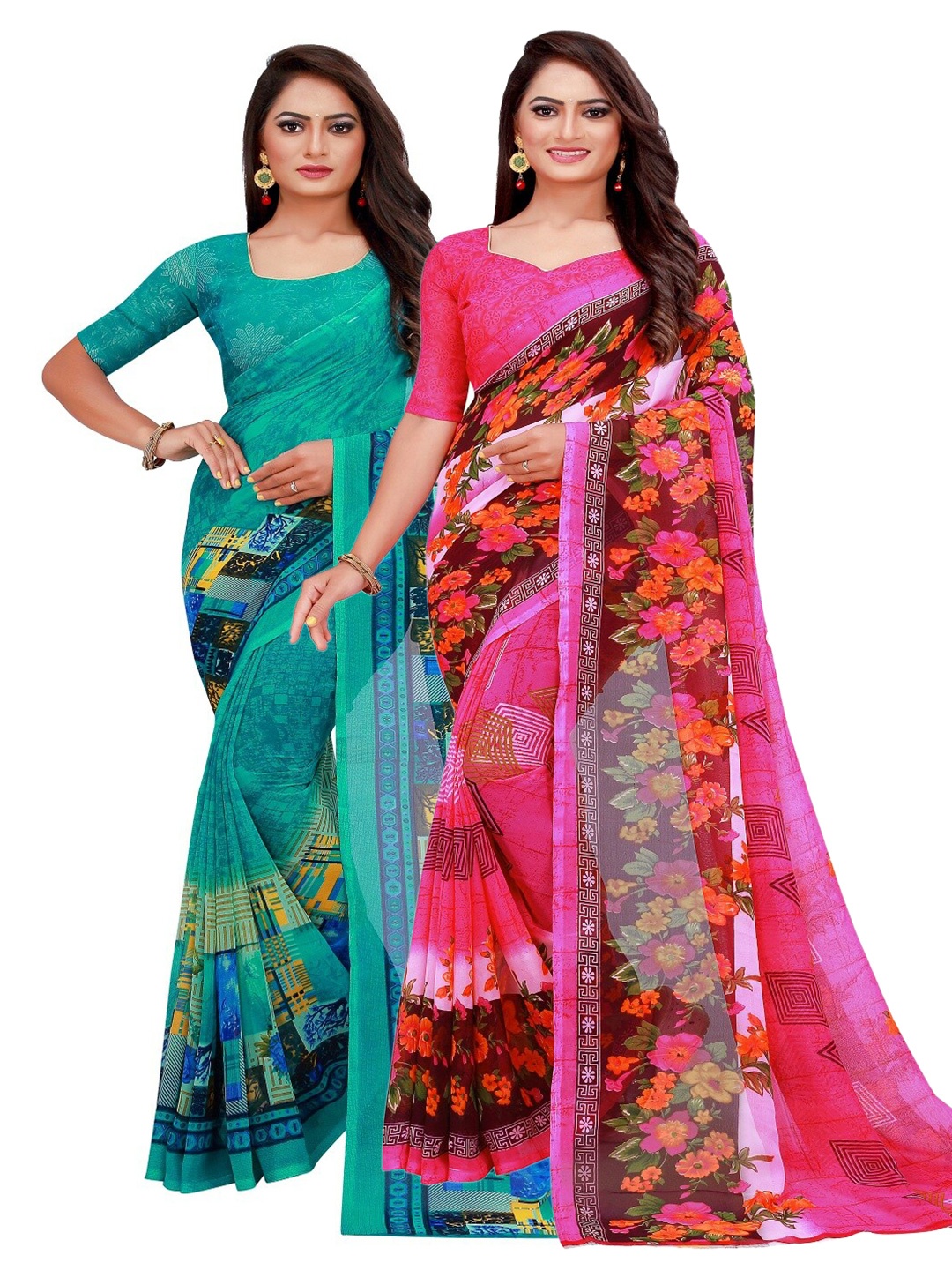 

Florence Set Of 2 Teal Blue & Pink Floral Pure Georgette Saree