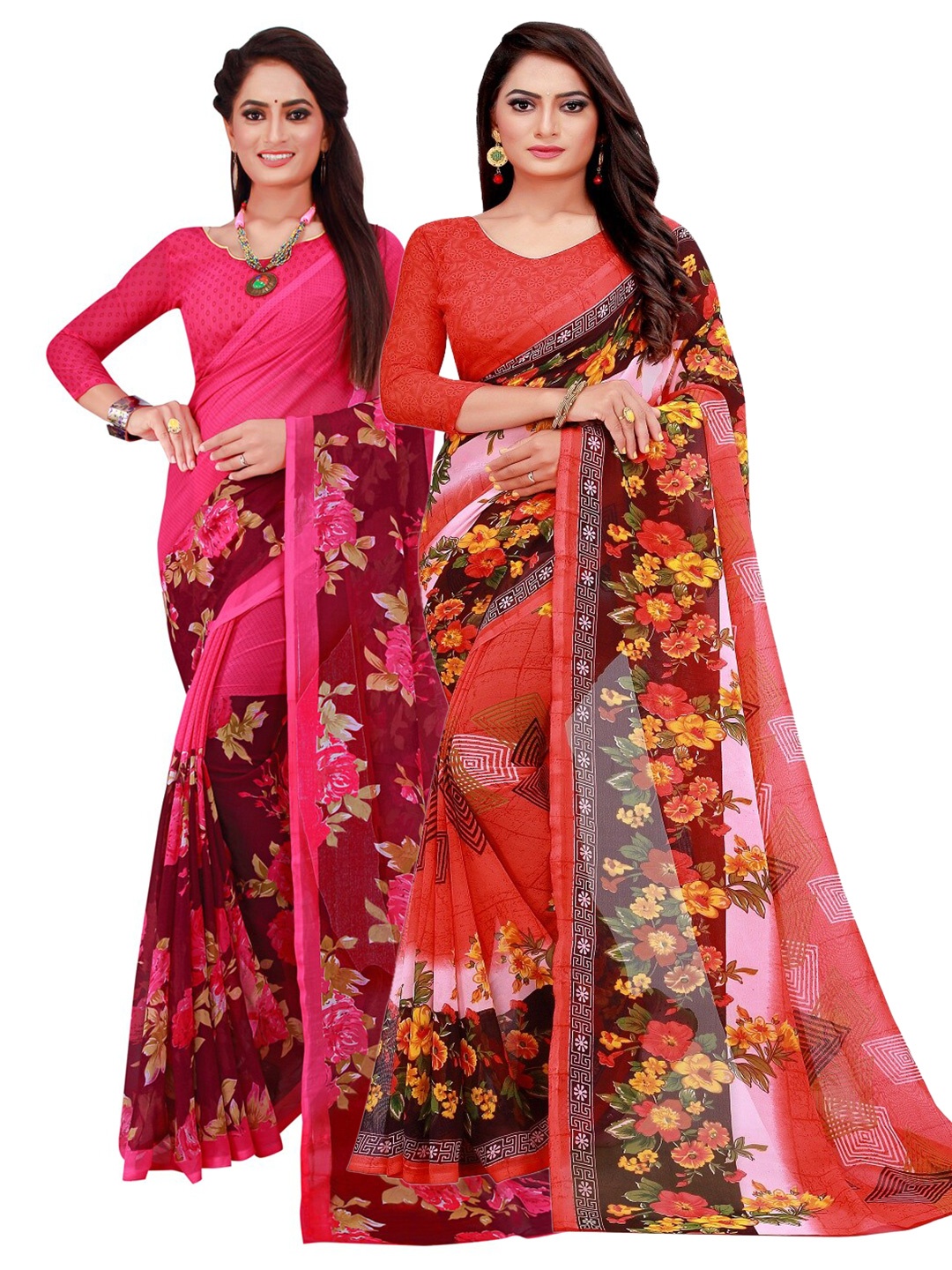 

Florence Pack of 2 Red & Magenta Floral Pure Georgette Saree