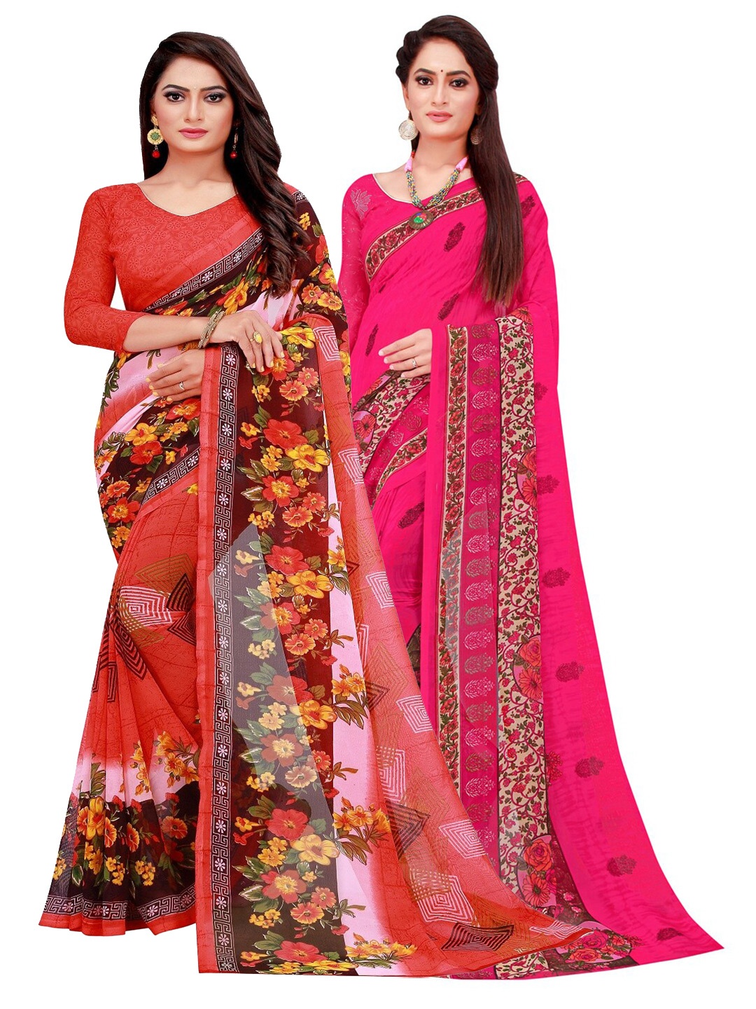 

Florence Red & Magenta Floral Pure Georgette Saree