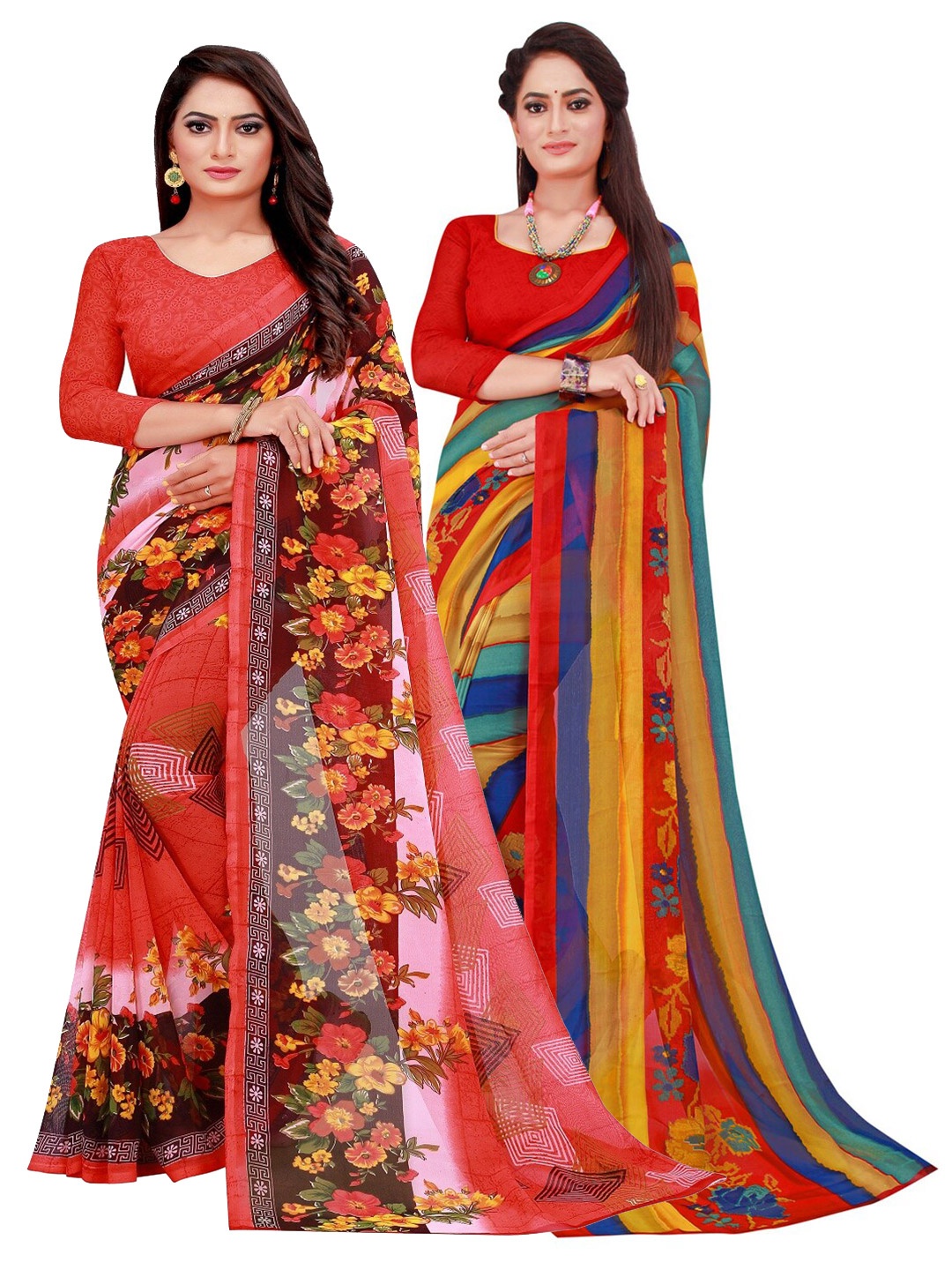 

Florence Red & Yellow Floral Pure Georgette Saree