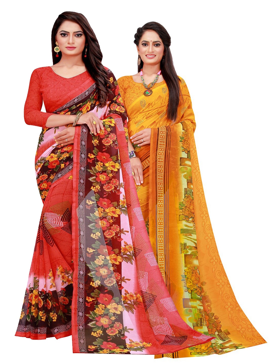 

Florence Pack of 2 Red & Yellow Floral Pure Georgette Saree