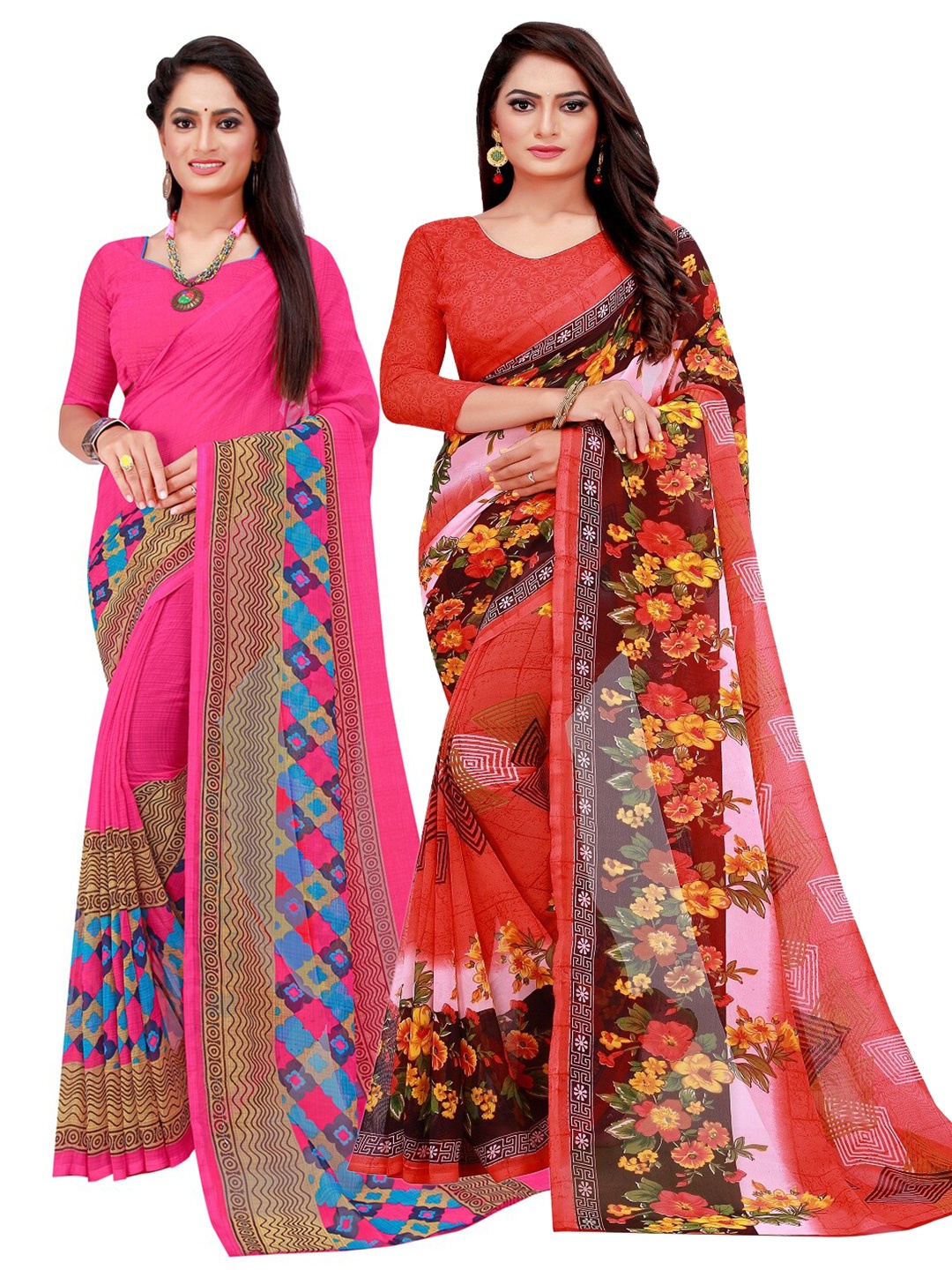 

Florence Pack of 2 Magenta & Red Pure Georgette Sarees