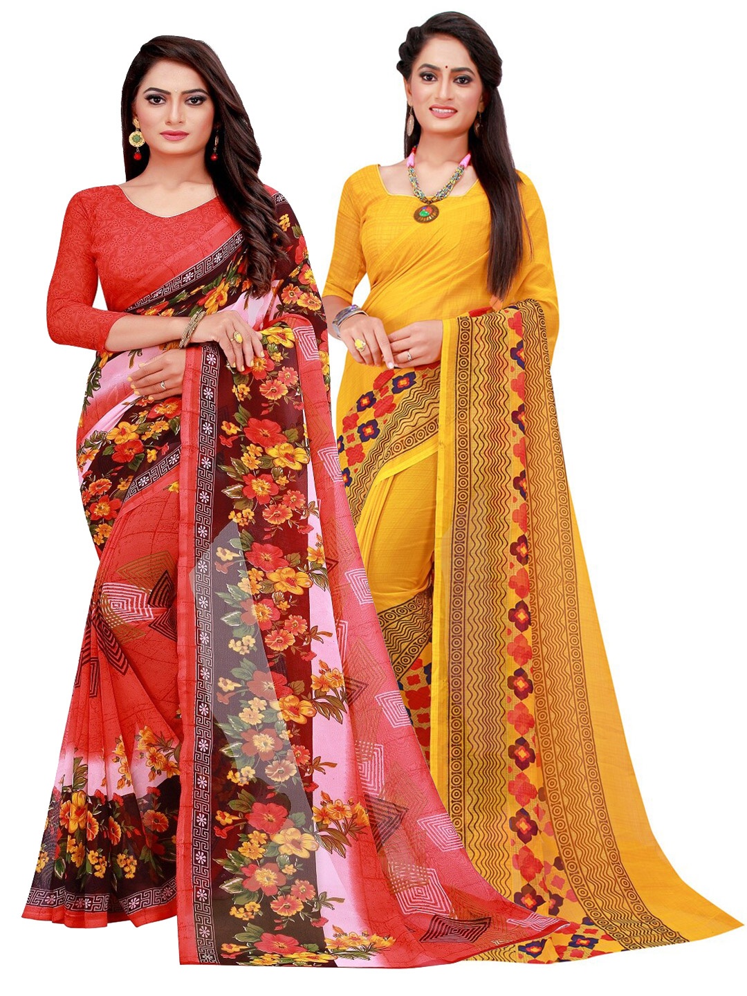 

Florence Pack of 2 Red & Yellow Pure Georgette Saree