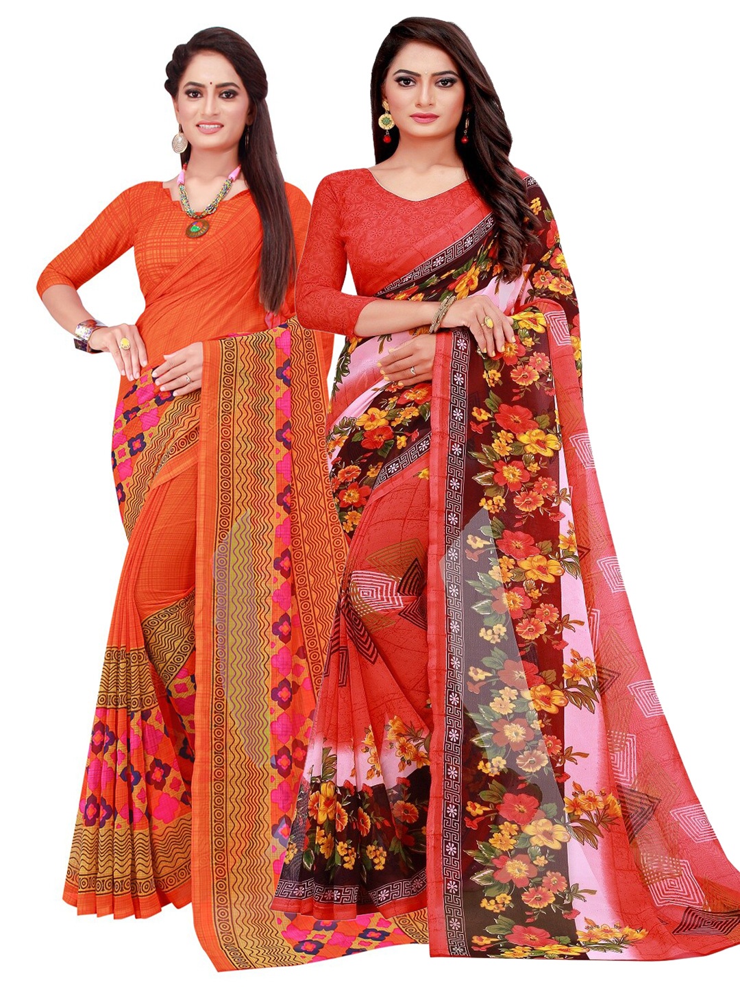 

Florence Orange & Red Printed Pure Georgette Saree Pack Of 2