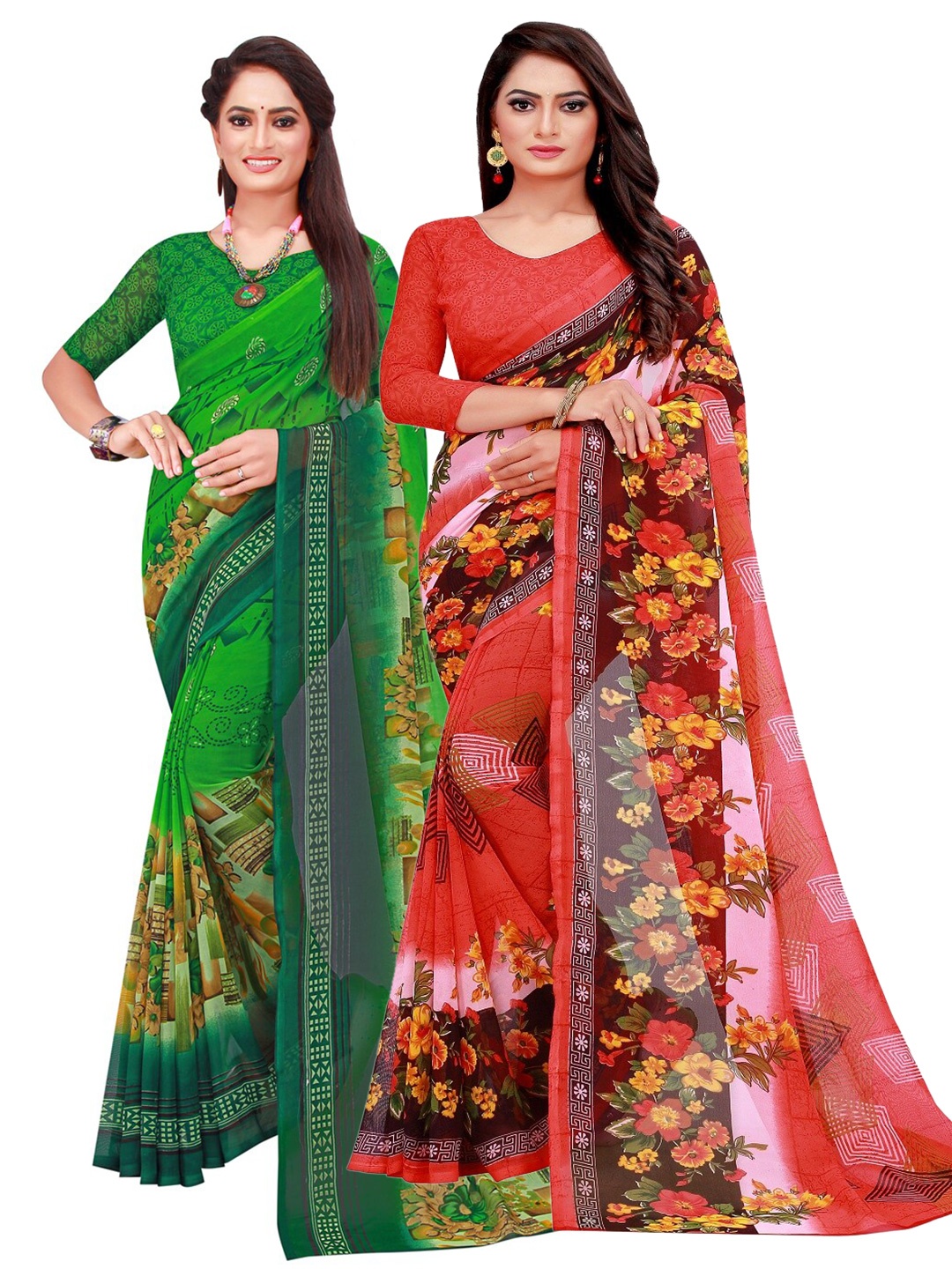 

Florence Set Of 2 Red & Green Floral Pure Georgette Saree