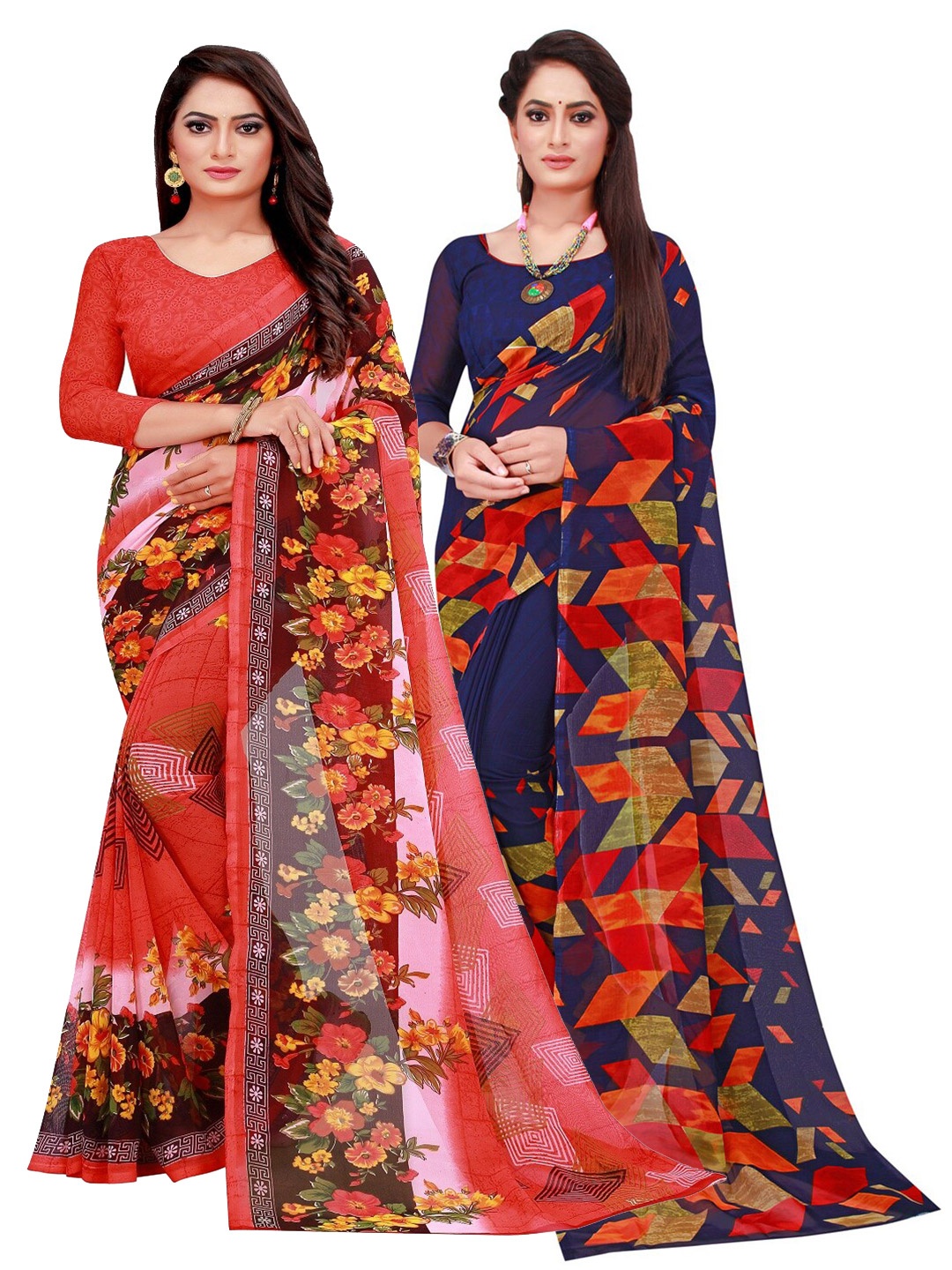 

Florence Pack of 2 Printed Pure Georgette Sarees, Navy blue