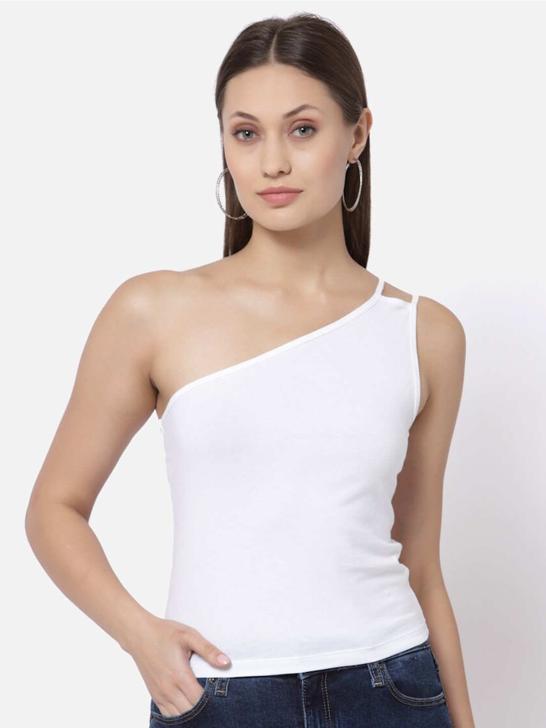 

YOONOY Women White Solid One Shoulder Cotton Top