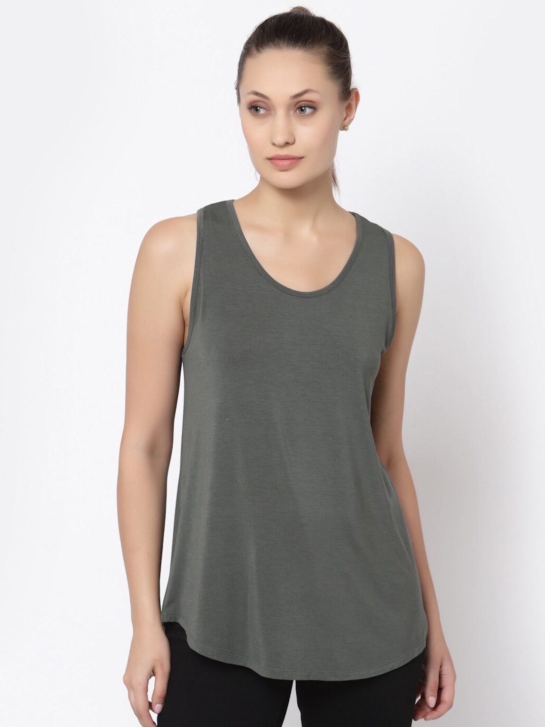 

YOONOY Olive Green Solid Scoop Neck Pure Cotton Tank Top