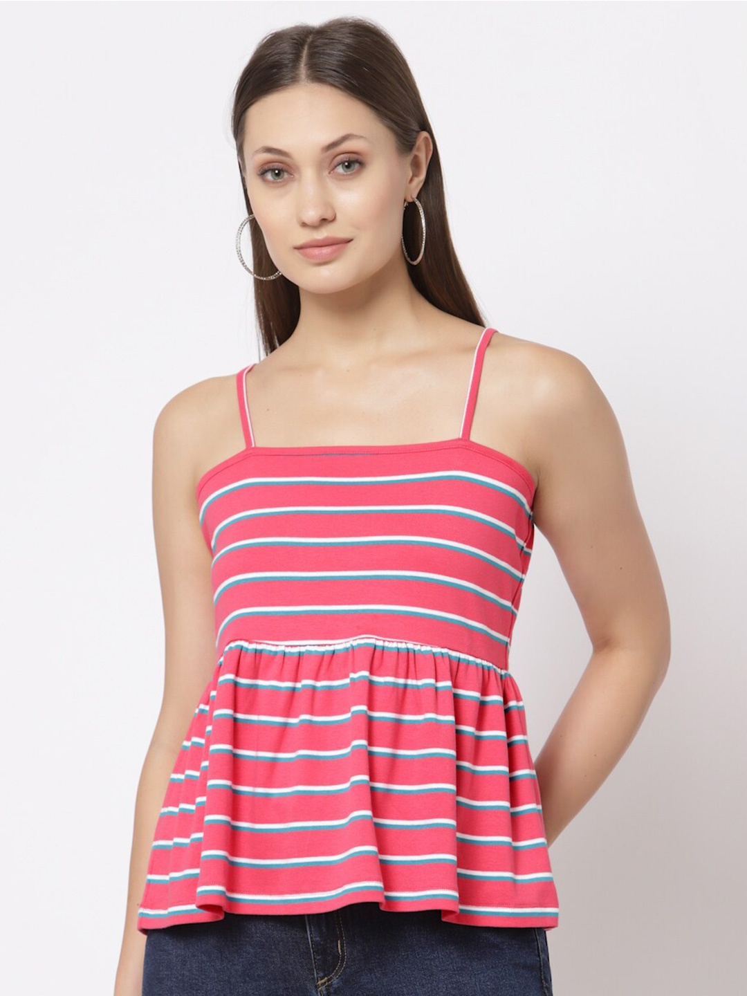 

YOONOY Pink Striped Pure Cotton Peplum Top